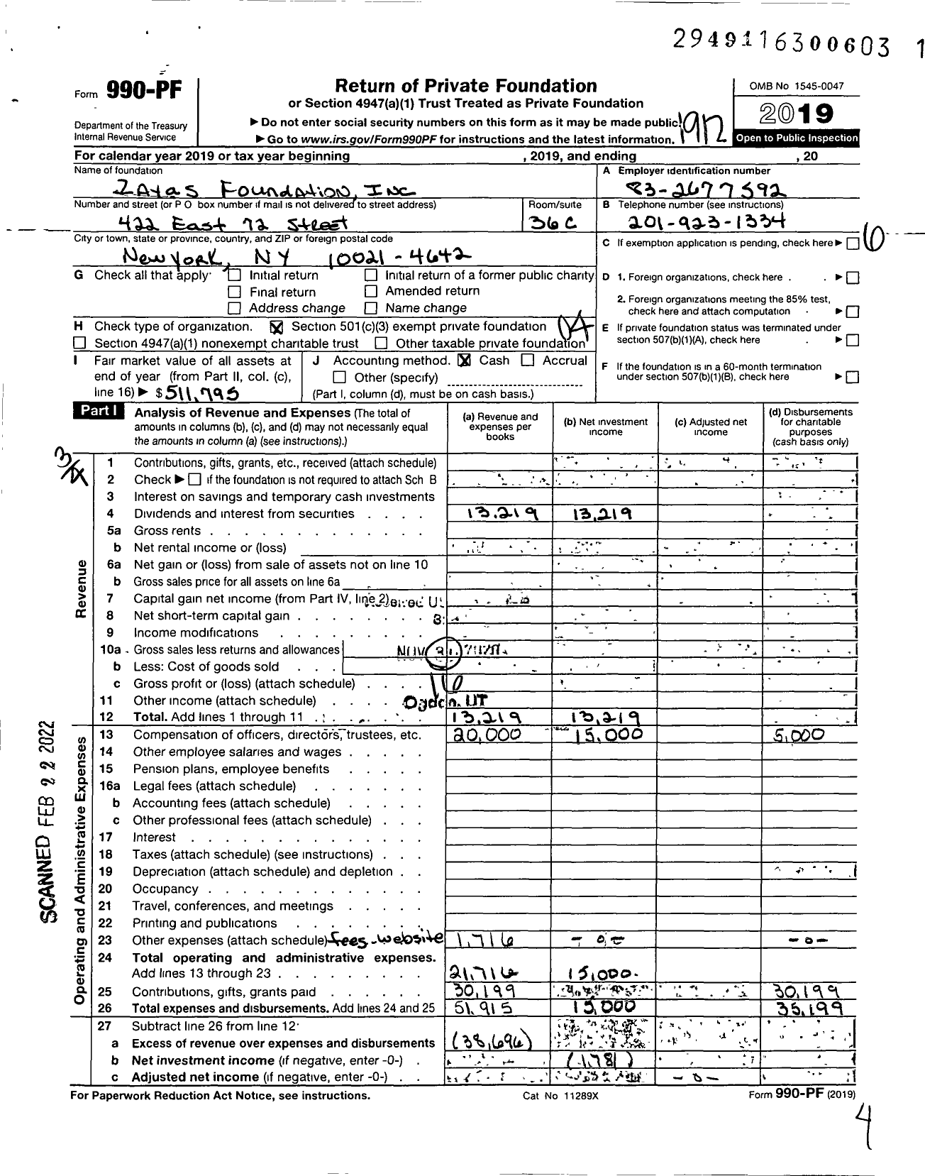 Image of first page of 2019 Form 990PF for Zayas Foundation