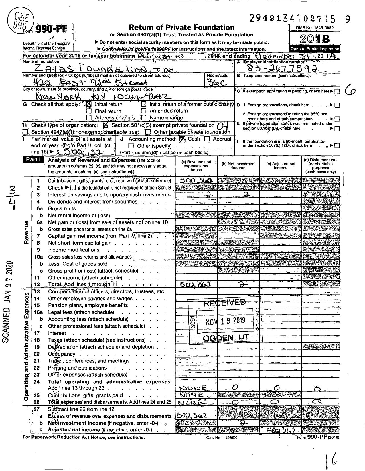 Image of first page of 2018 Form 990PF for Zayas Foundation