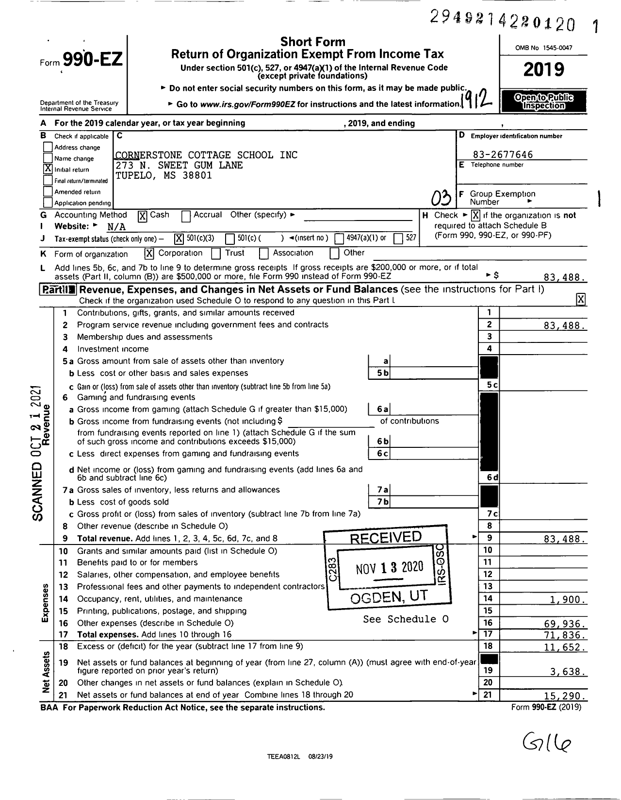 Image of first page of 2019 Form 990EZ for Cornerstone Cottage School