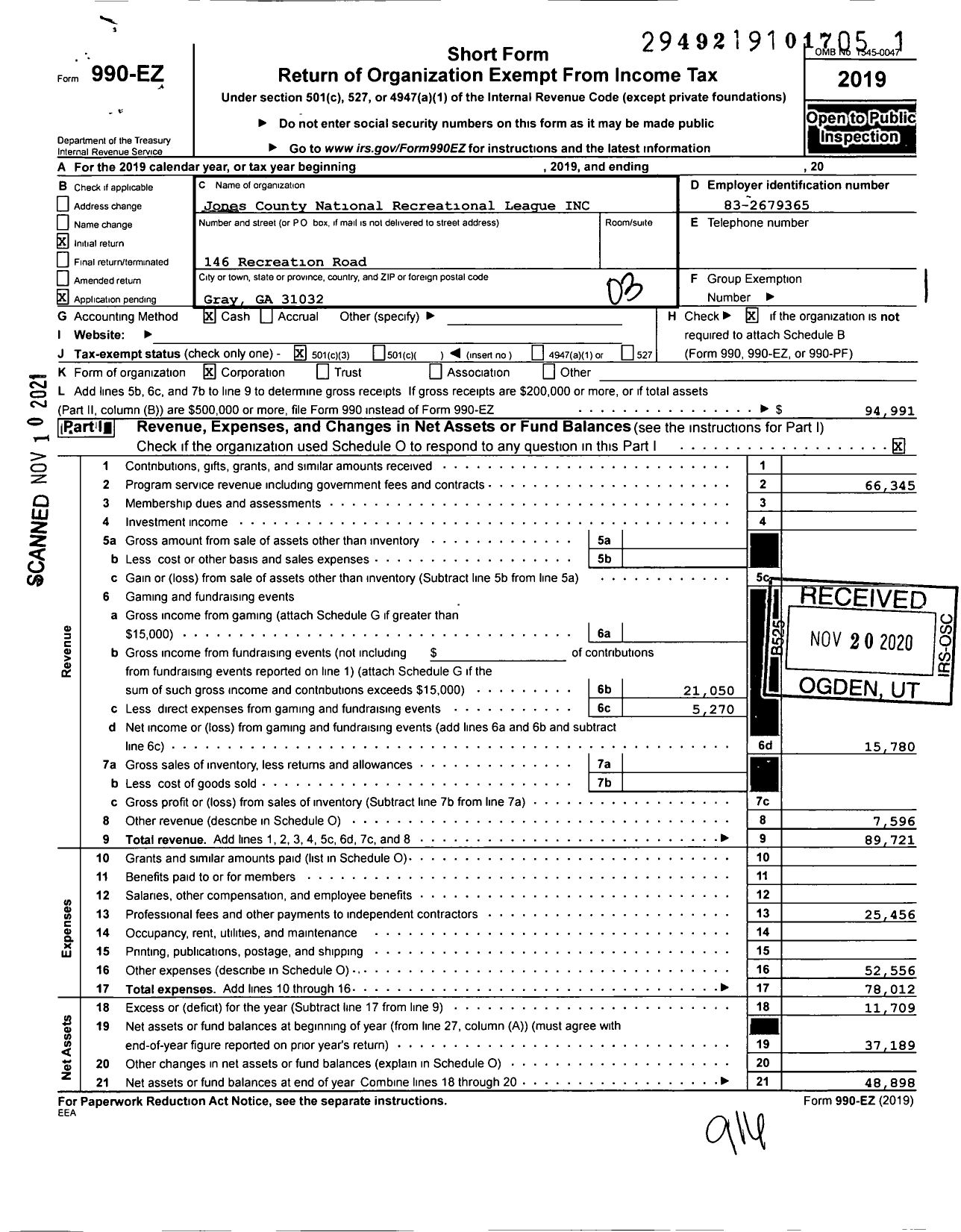 Image of first page of 2019 Form 990EZ for Jones County National Recreational League