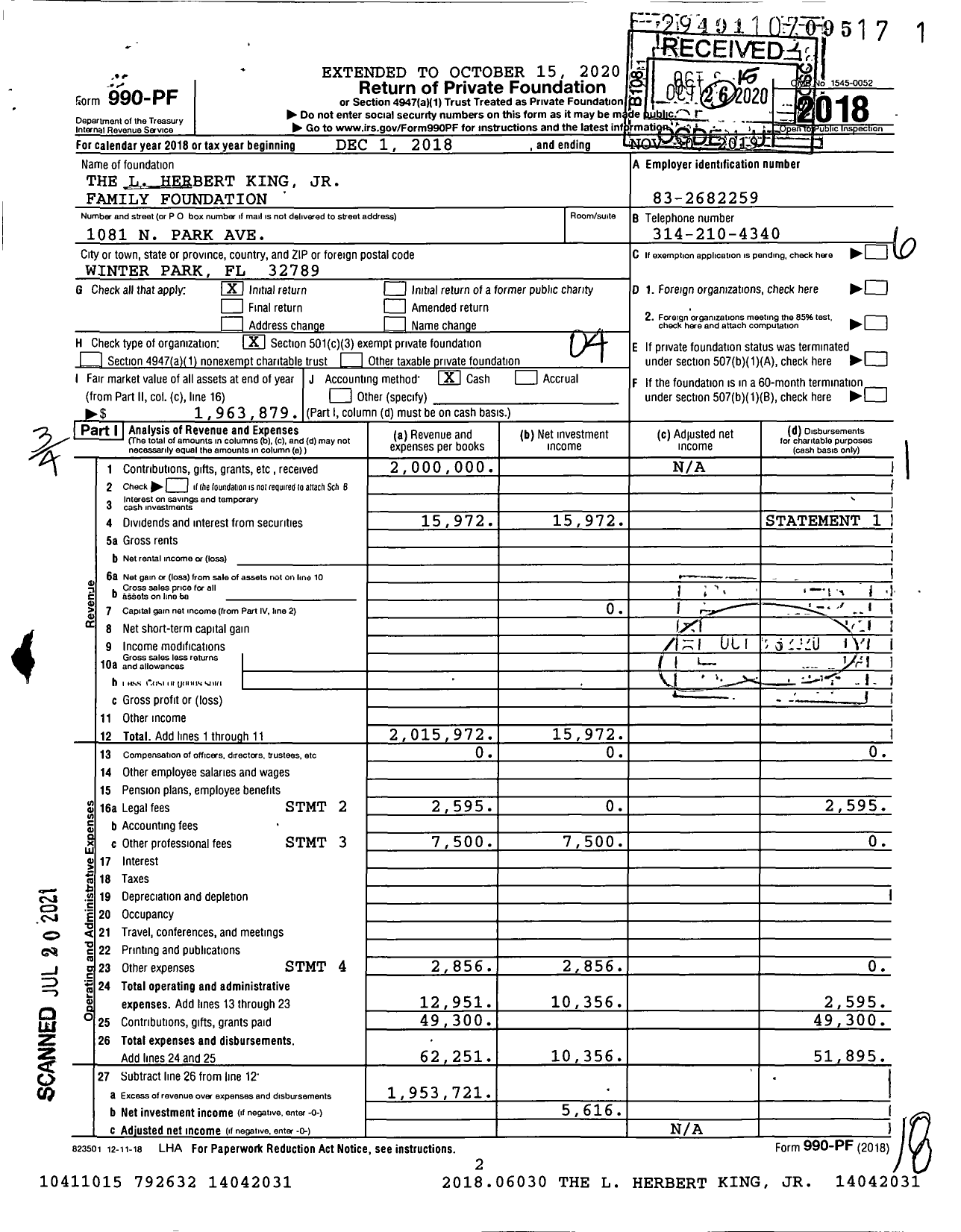 Image of first page of 2018 Form 990PF for The L Herbert King JR Family Foundation