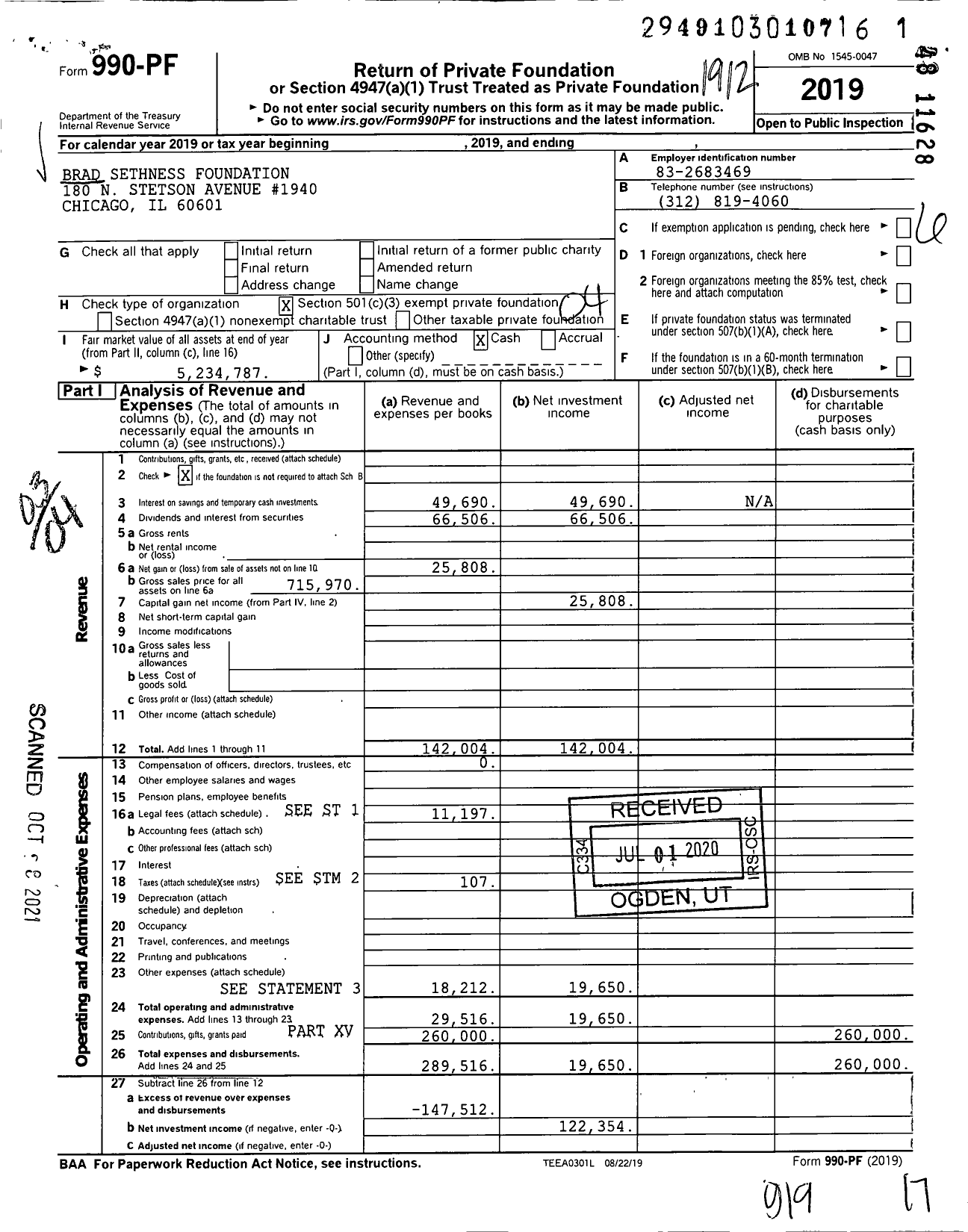 Image of first page of 2019 Form 990PF for Brad Sethness Foundation