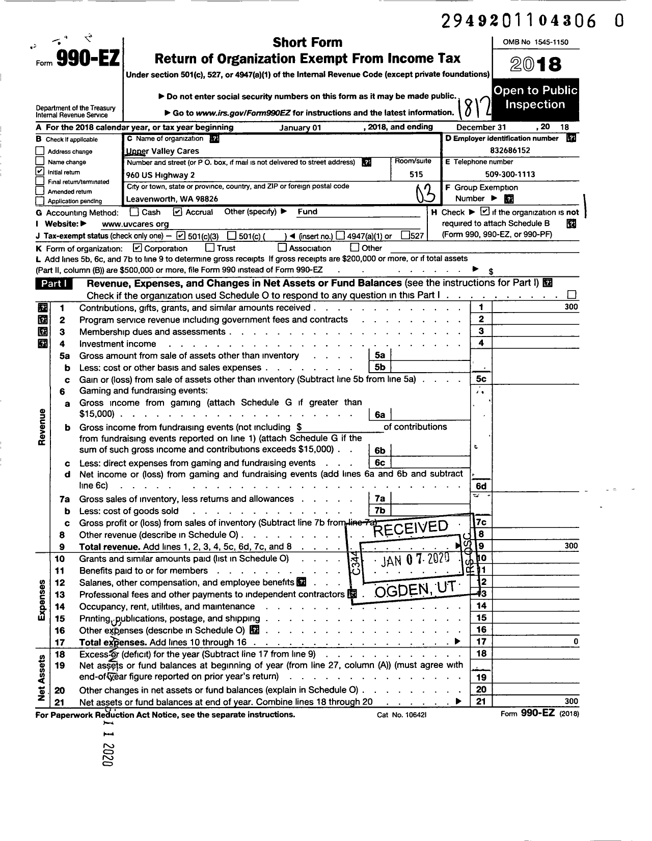 Image of first page of 2018 Form 990EZ for Upper Valley Cares