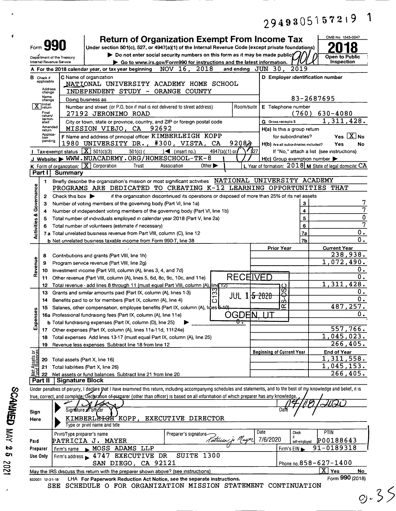 Image of first page of 2018 Form 990 for Suncoast Preparatory Academy