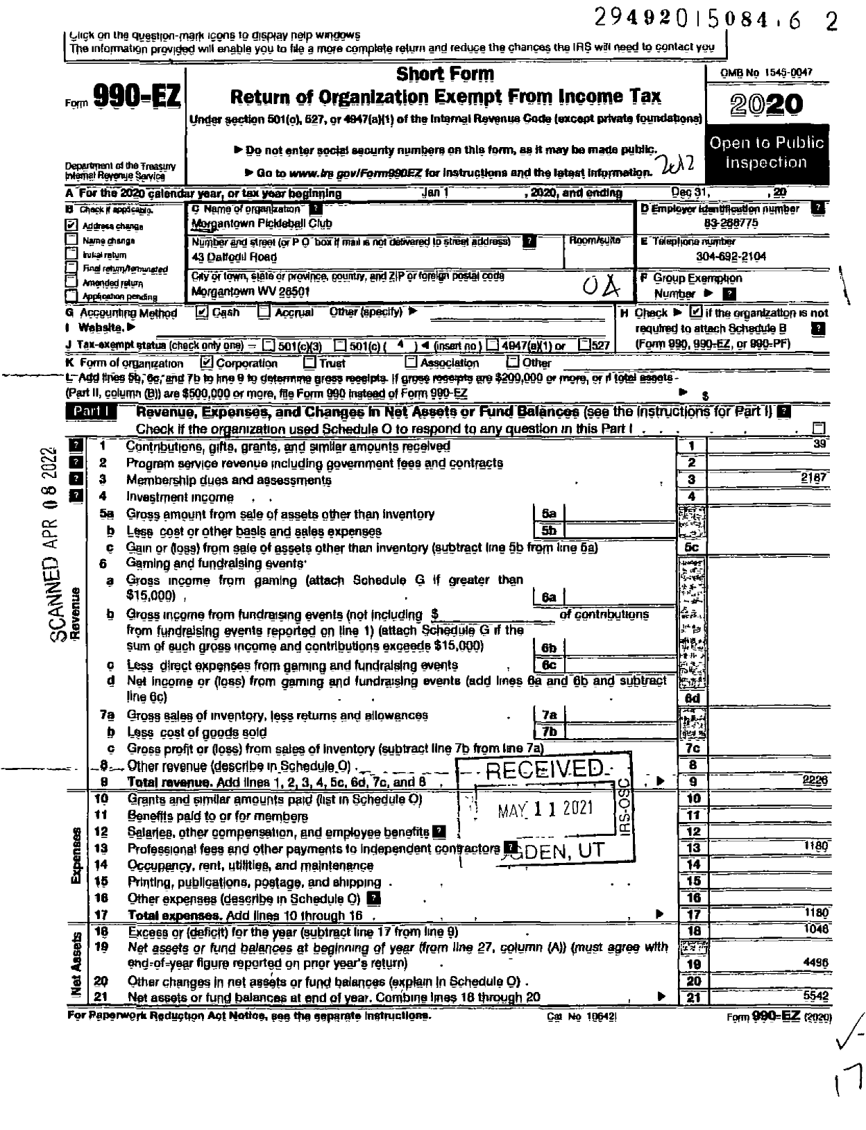 Image of first page of 2020 Form 990EO for Morgantown Pickleball Club