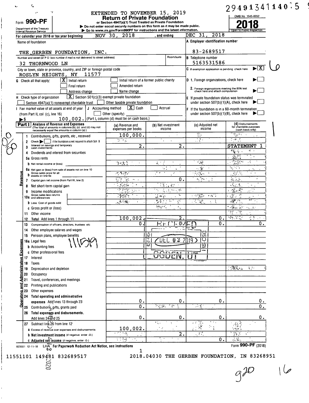 Image of first page of 2018 Form 990PF for The Gerben Foundation