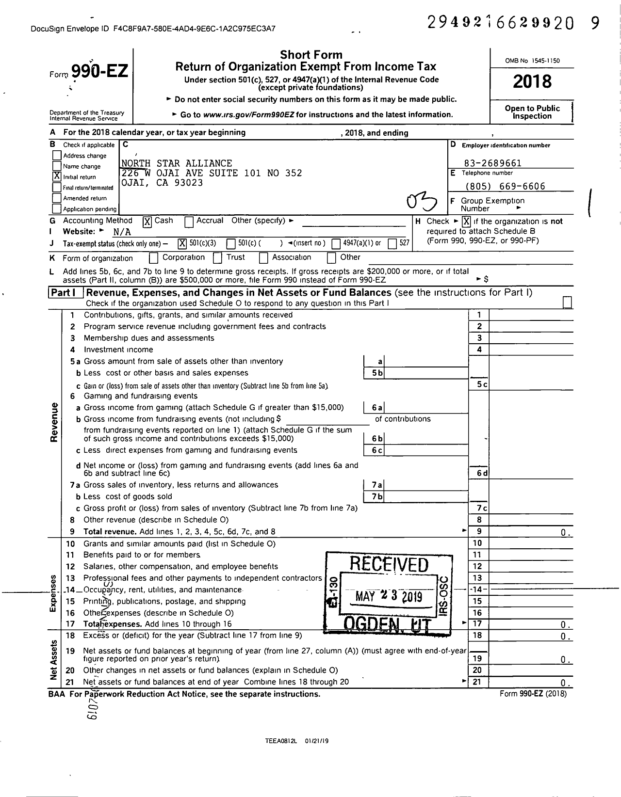 Image of first page of 2018 Form 990EZ for North Star Alliance