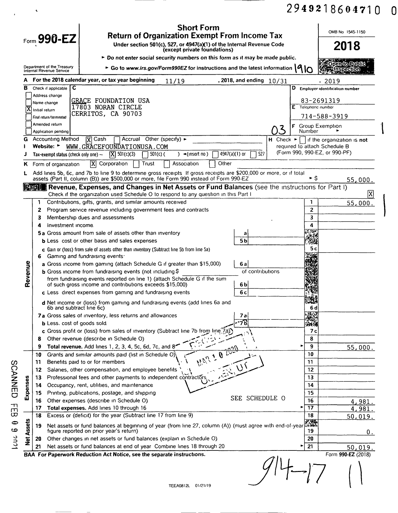 Image of first page of 2018 Form 990EZ for Grace Foundation USA