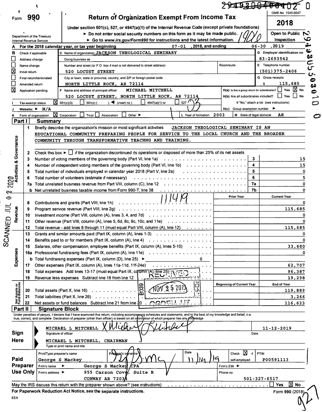 Image of first page of 2018 Form 990 for Jackson Theological Seminary