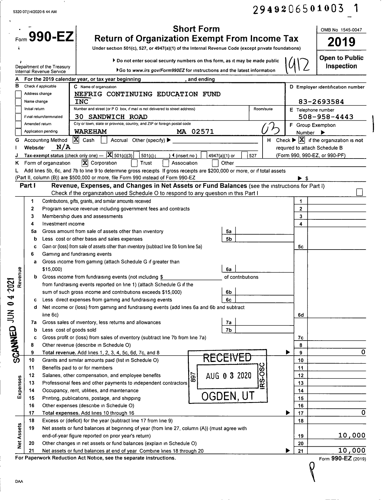 Image of first page of 2019 Form 990EZ for Nefrig Continuing Education Fund