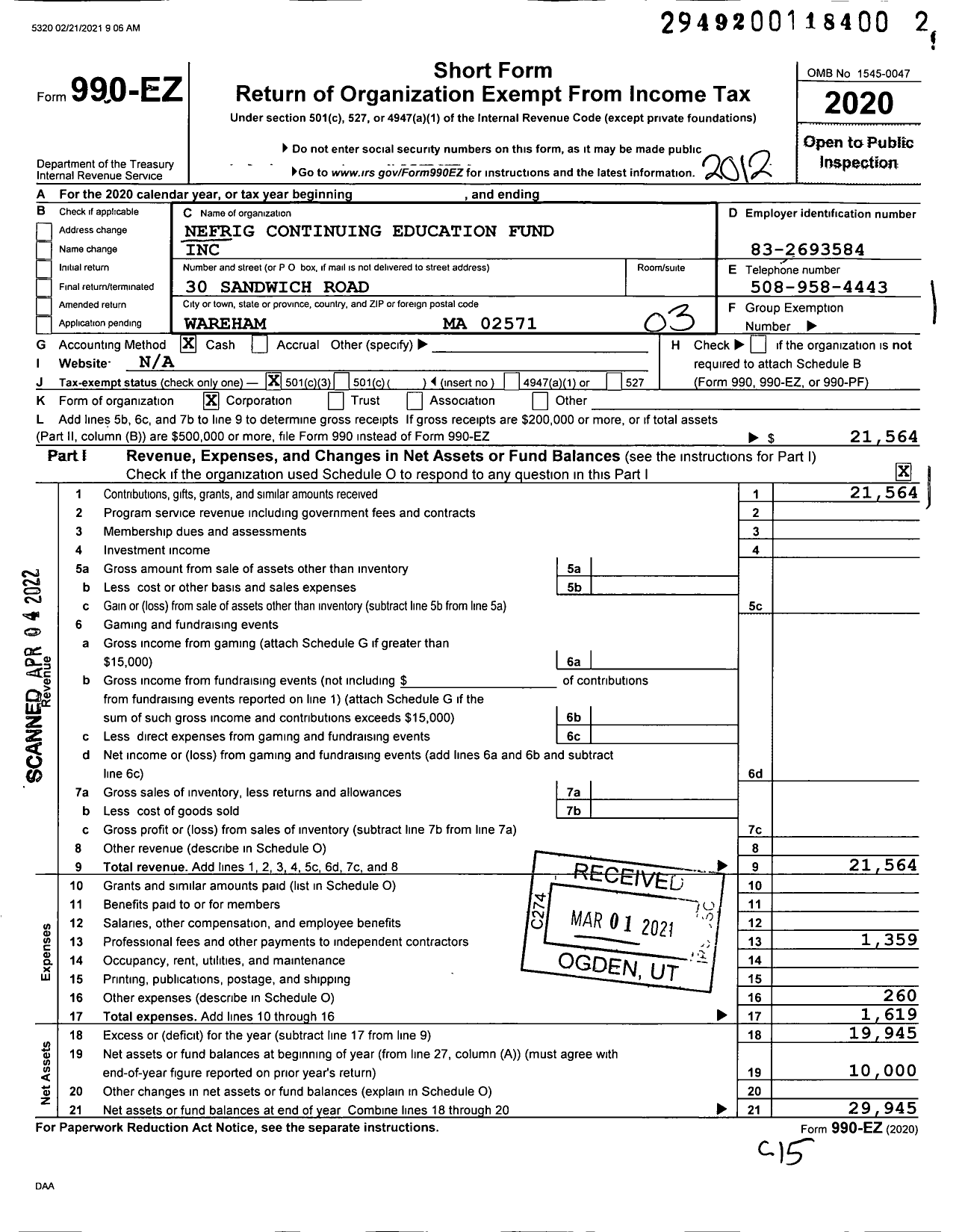 Image of first page of 2020 Form 990EZ for Nefrig Continuing Education Fund