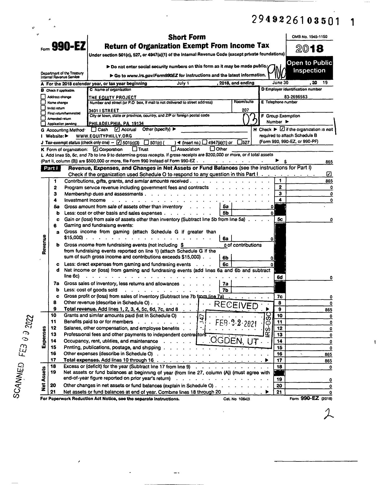 Image of first page of 2018 Form 990EZ for Equity Project