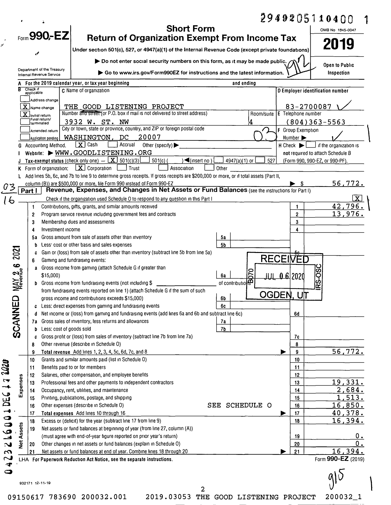 Image of first page of 2019 Form 990EZ for The Good Listening Project