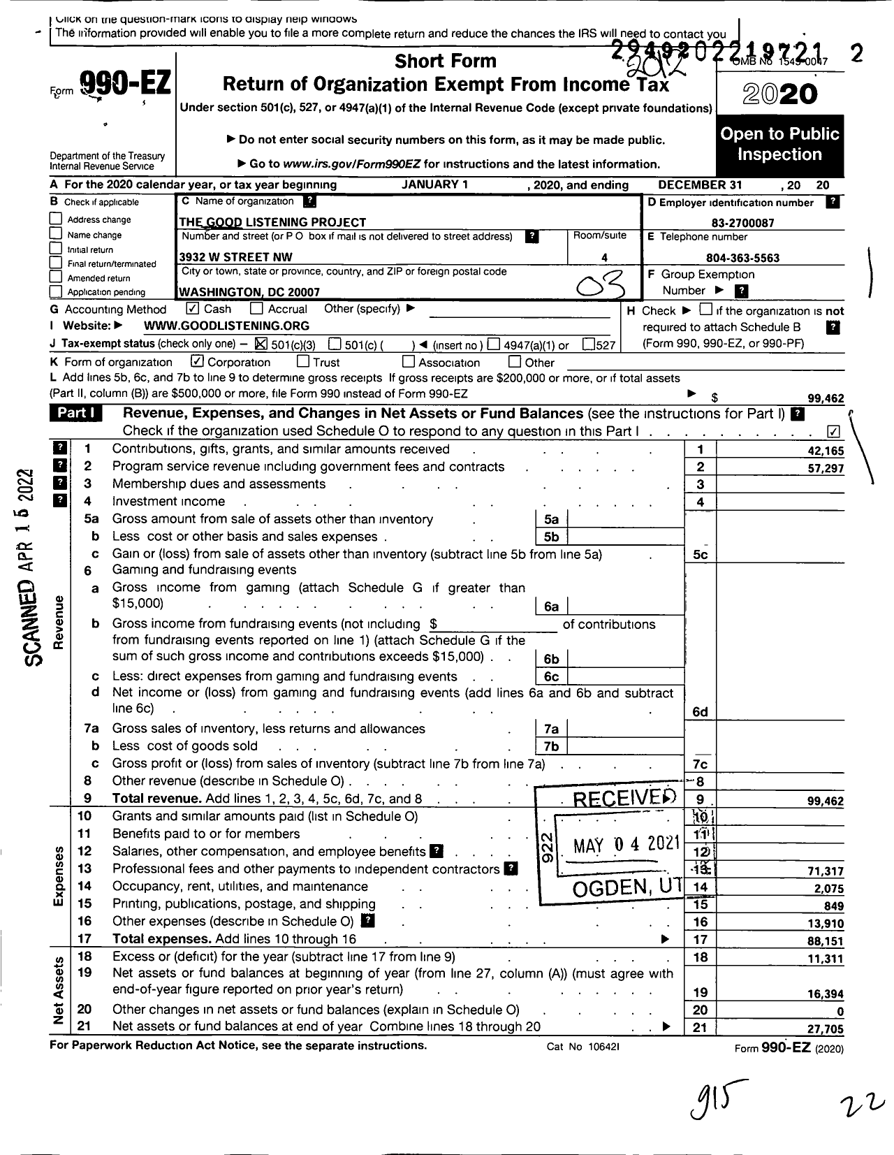 Image of first page of 2020 Form 990EZ for The Good Listening Project