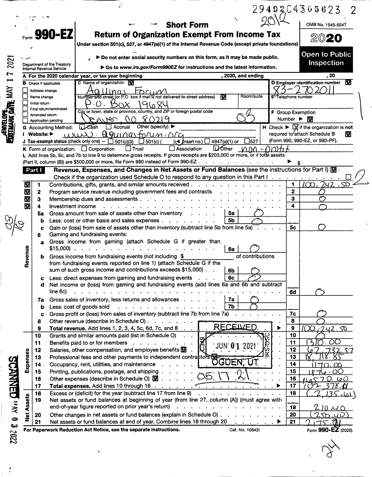 Image of first page of 2020 Form 990EZ for Aquinas Forum