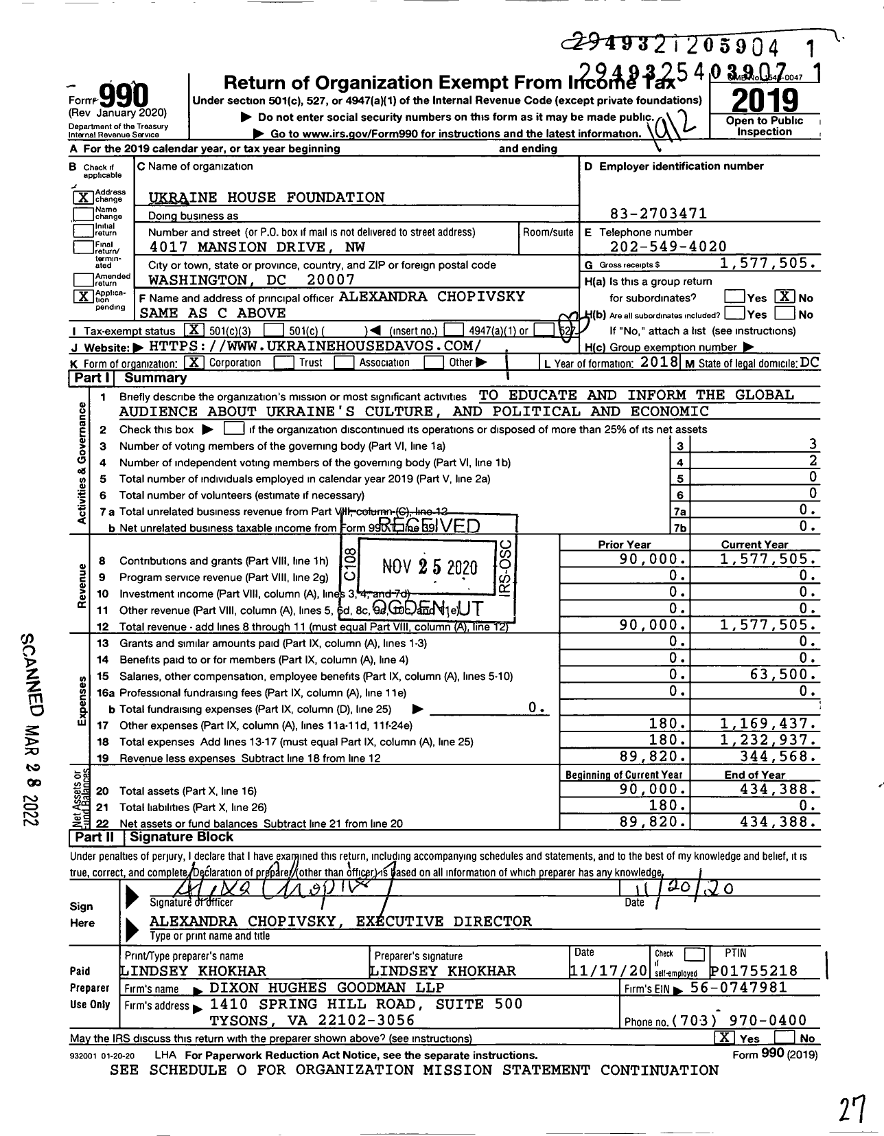 Image of first page of 2019 Form 990 for Ukraine House Foundation