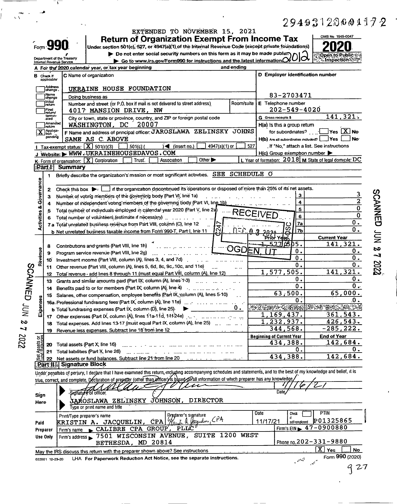 Image of first page of 2020 Form 990 for Ukraine House Foundation