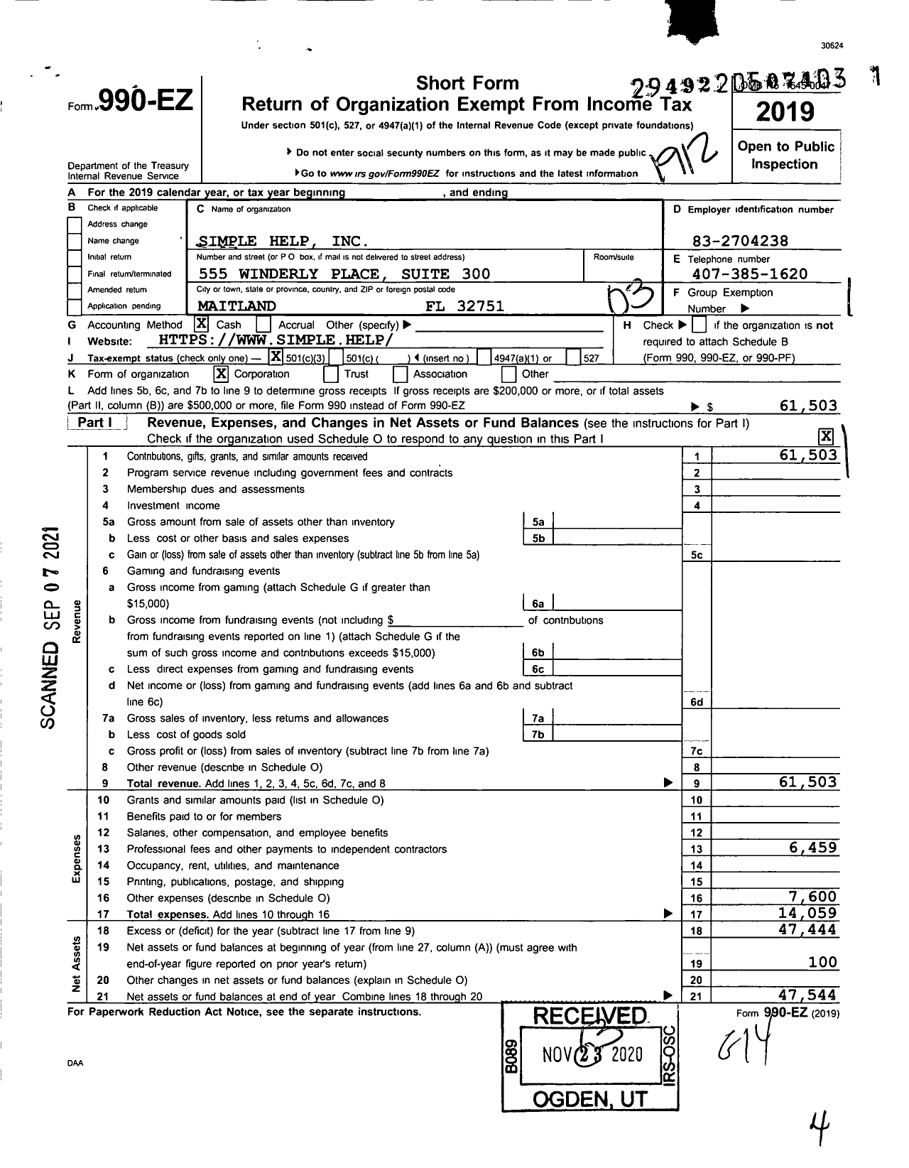 Image of first page of 2019 Form 990EZ for Simple Help