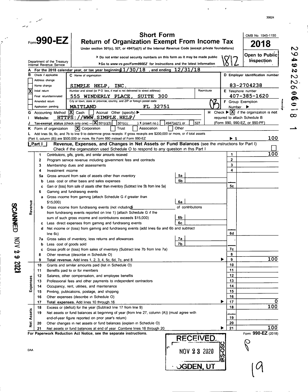 Image of first page of 2018 Form 990EZ for Simple Help