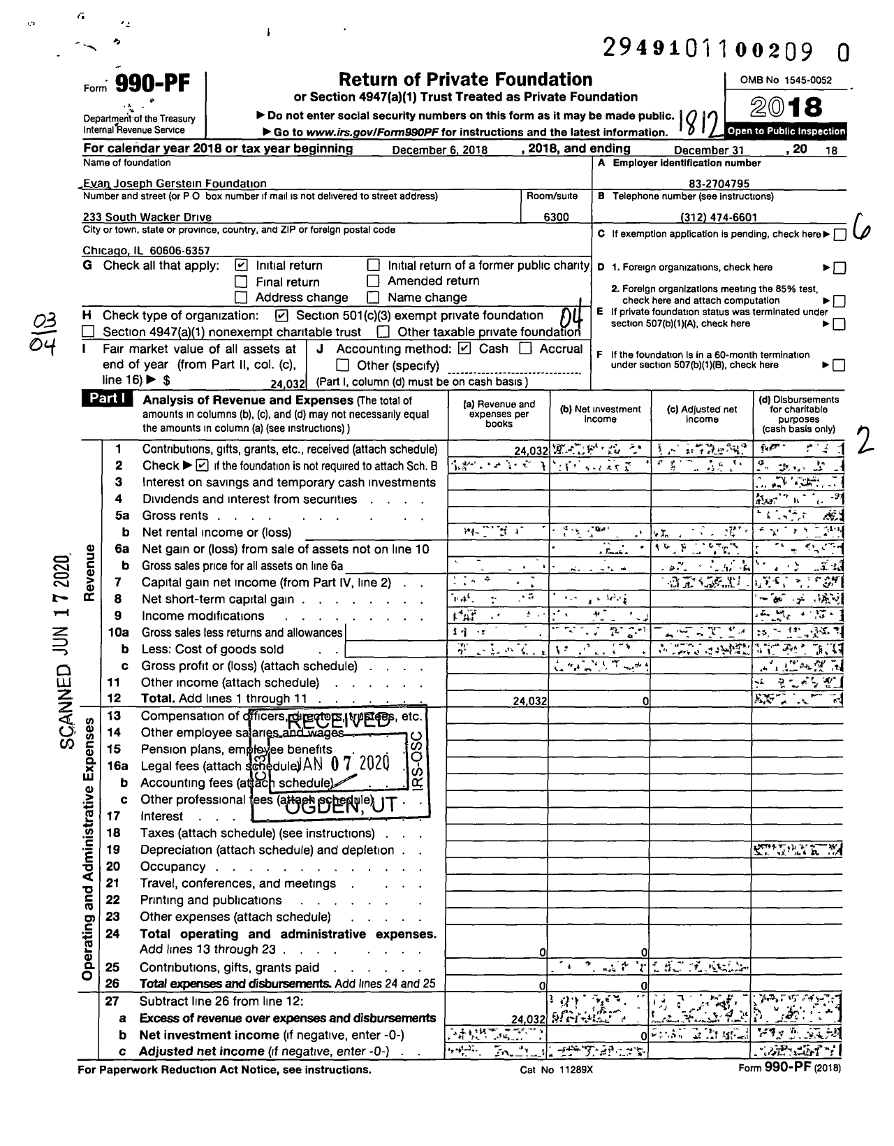 Image of first page of 2018 Form 990PR for Evan Joseph Gerstein Foundation