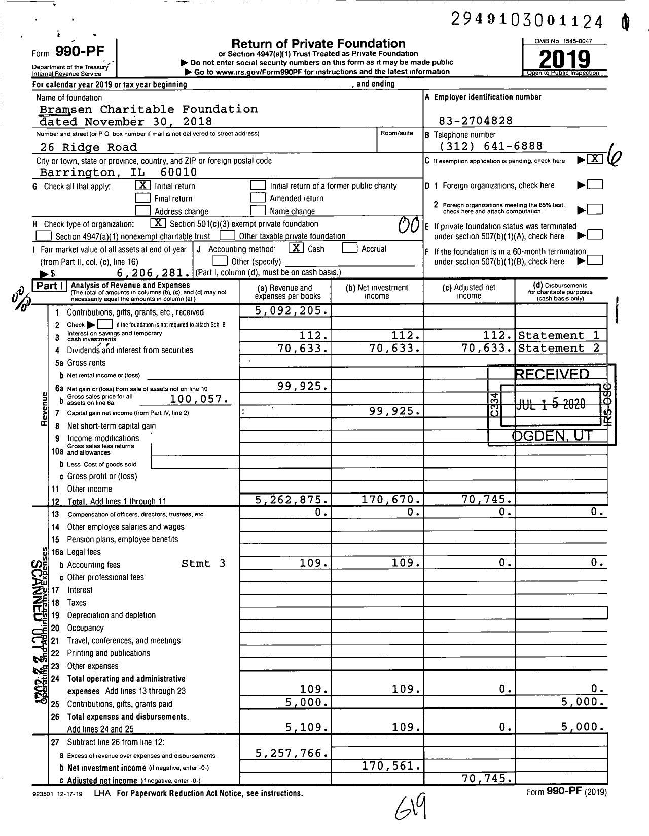 Image of first page of 2019 Form 990PF for Bramsen Charitable Foundation dated November 30 2018