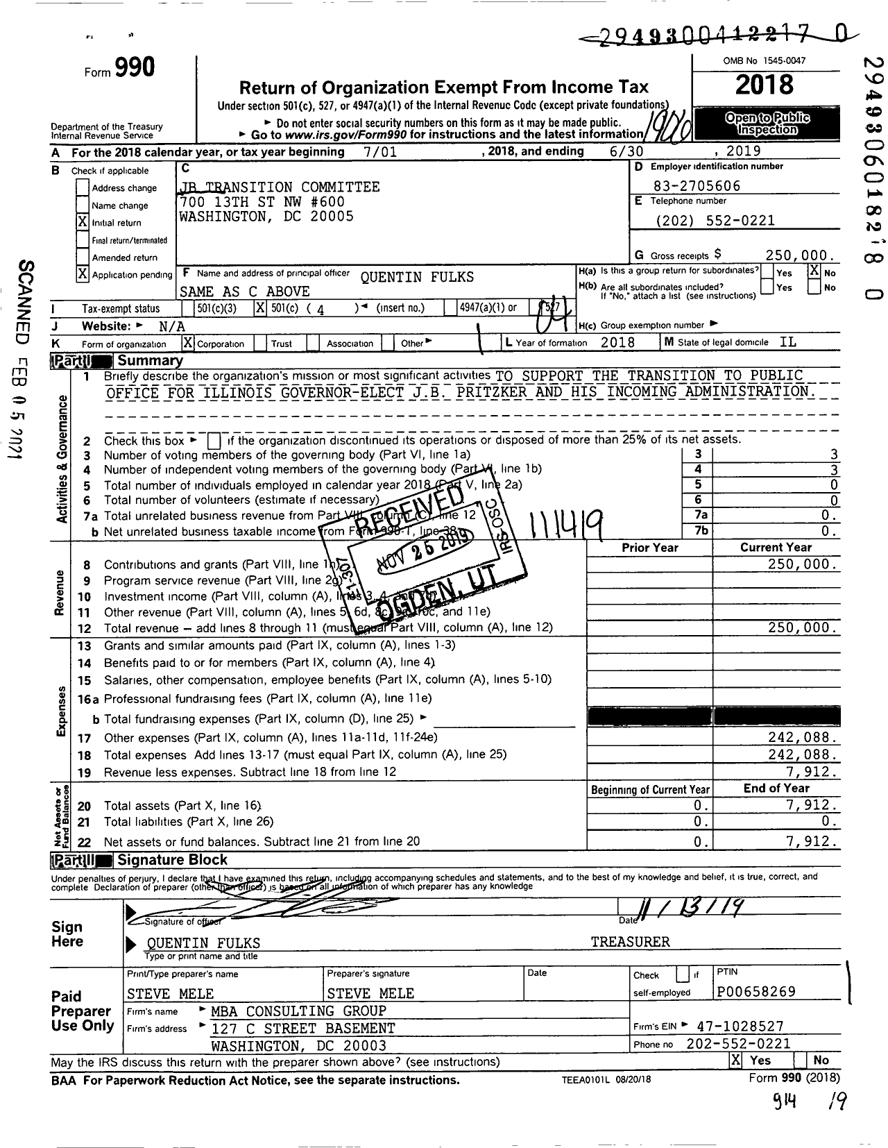 Image of first page of 2018 Form 990O for JB Transition Committee