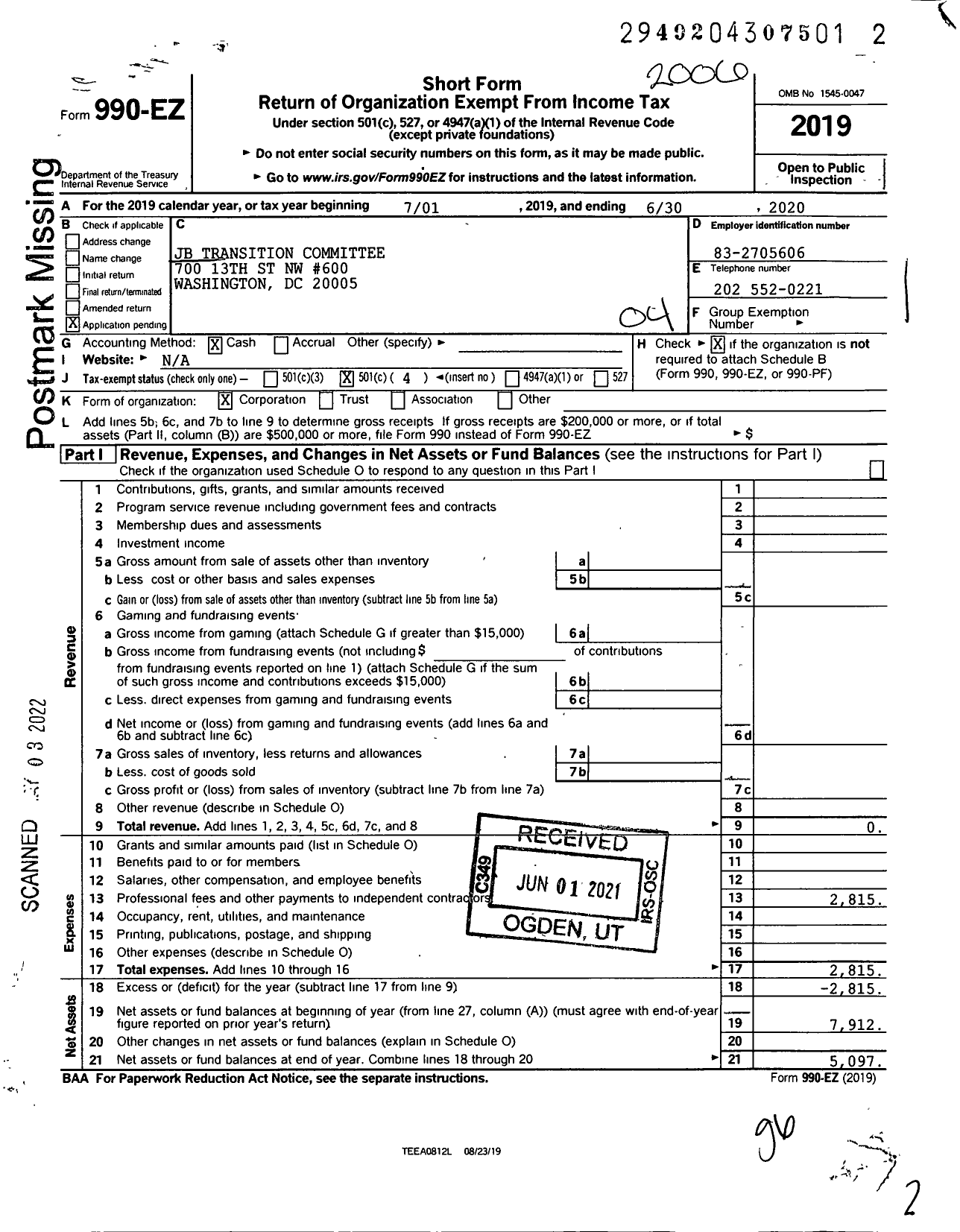 Image of first page of 2019 Form 990EO for JB Transition Committee