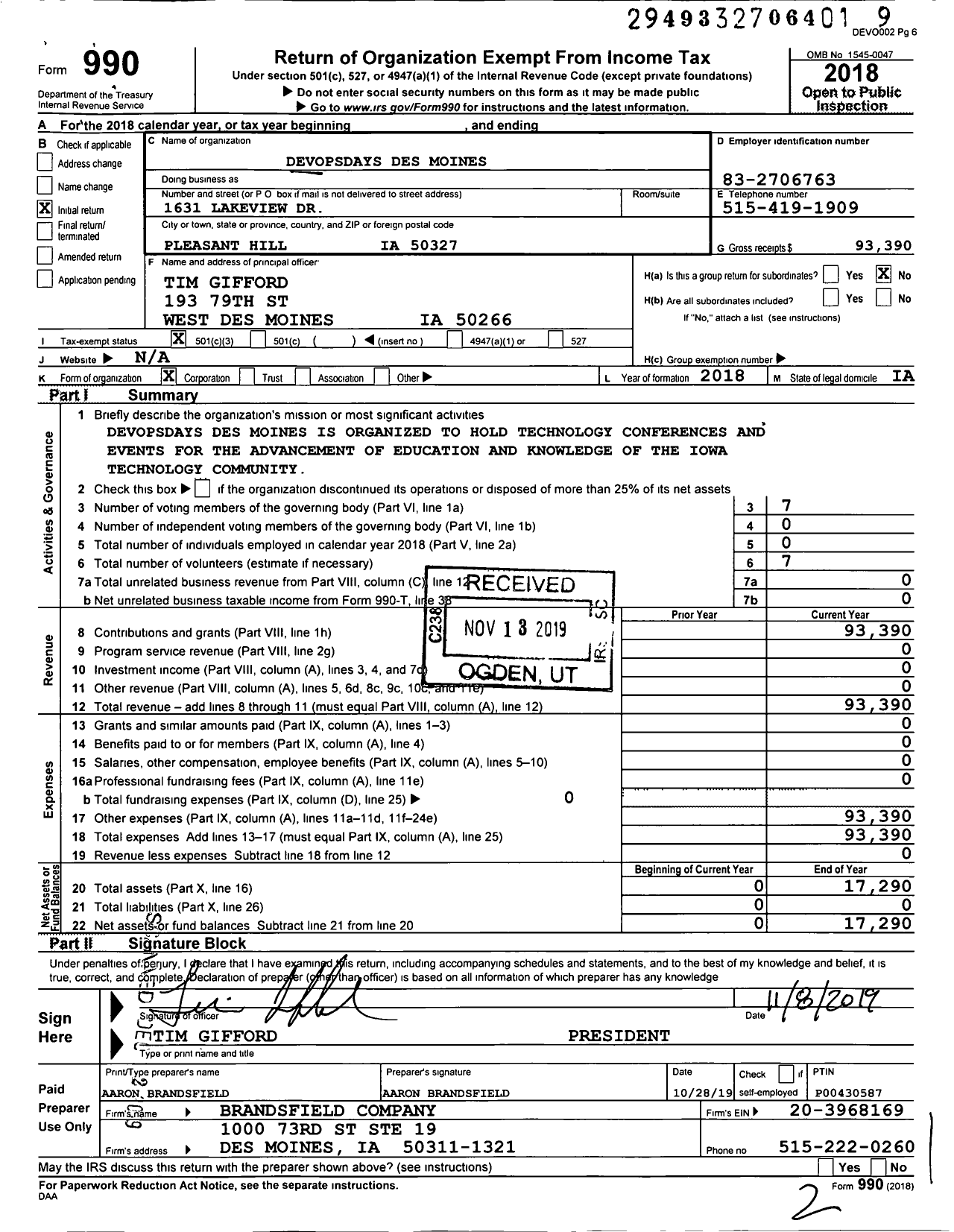 Image of first page of 2018 Form 990 for Devopsdays Des Moines