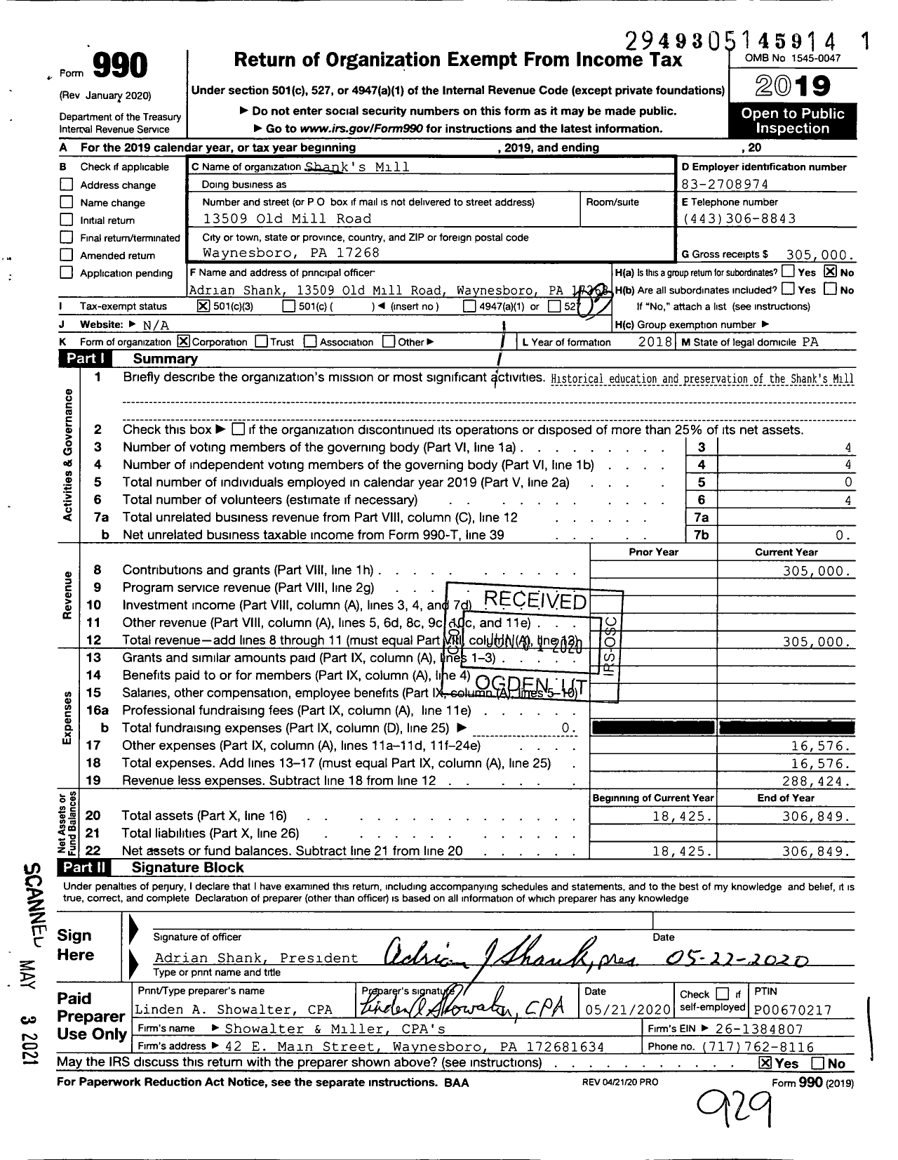 Image of first page of 2019 Form 990 for Shank's Mill