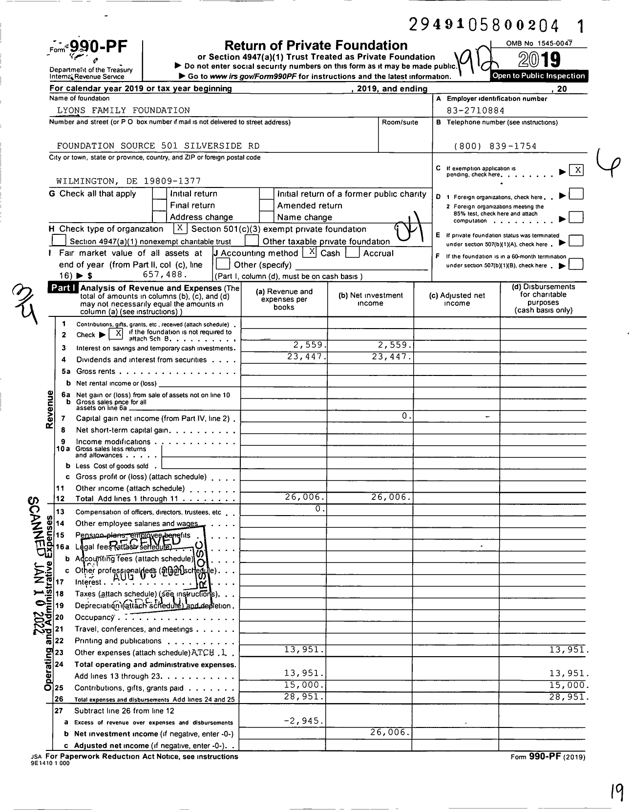 Image of first page of 2019 Form 990PF for Lyons Family Foundation