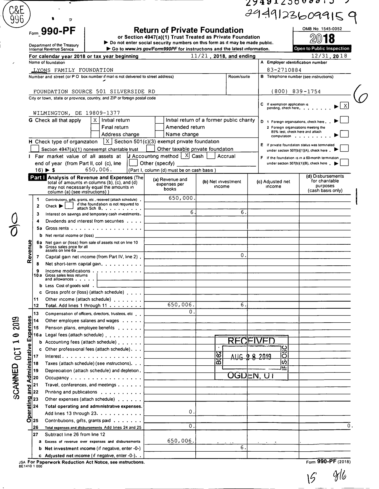 Image of first page of 2018 Form 990PF for Lyons Family Foundation