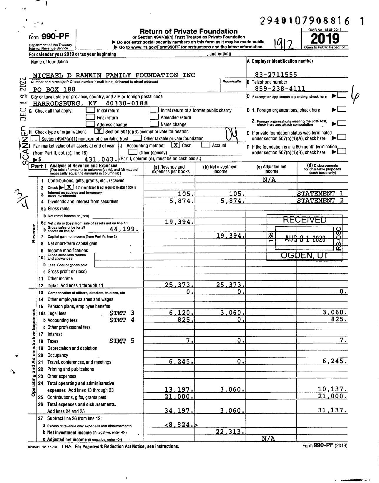 Image of first page of 2019 Form 990PF for Michael D Rankin Family Foundation