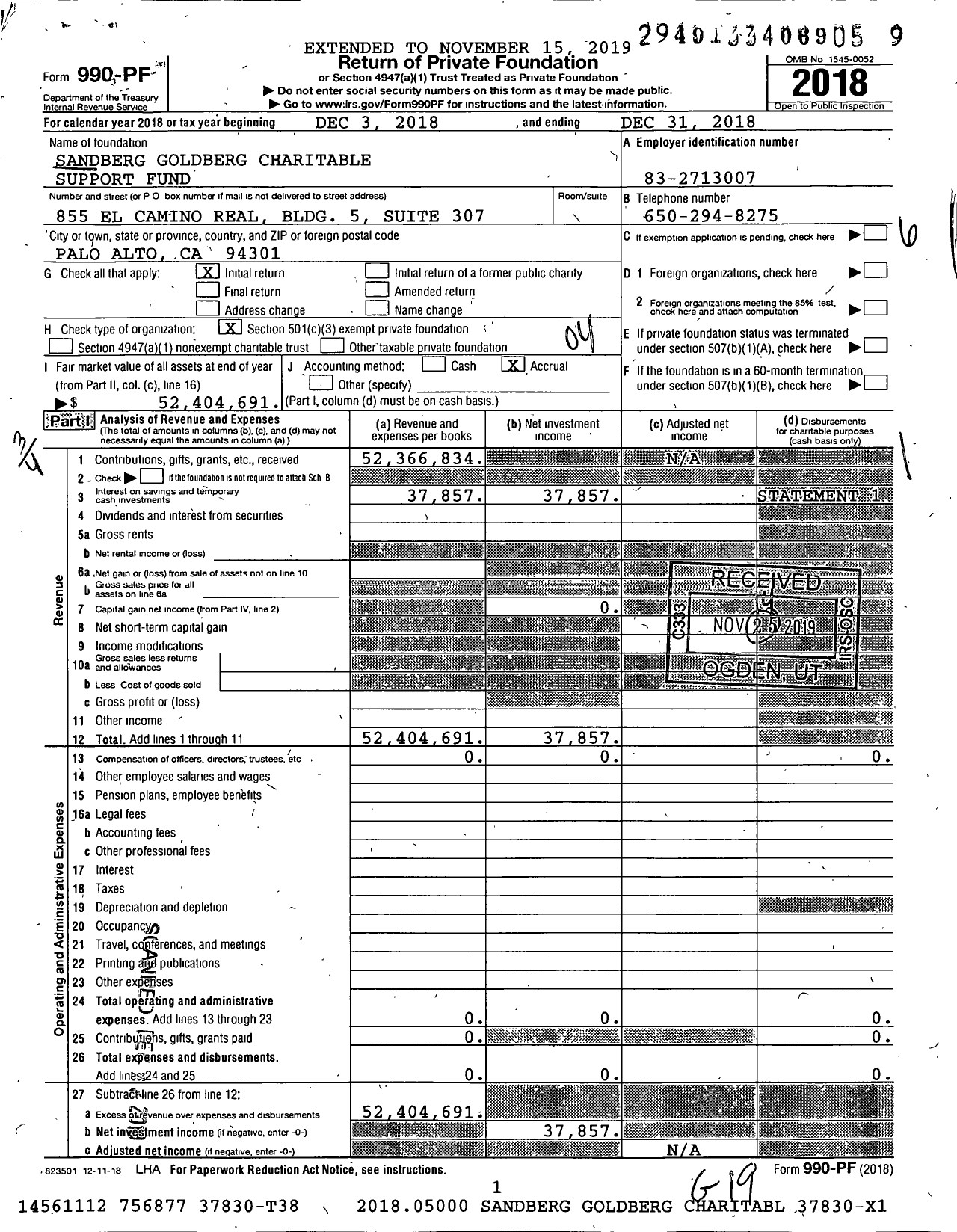 Image of first page of 2018 Form 990PF for Sandberg Goldberg Bernthal Family Charitable Foundation