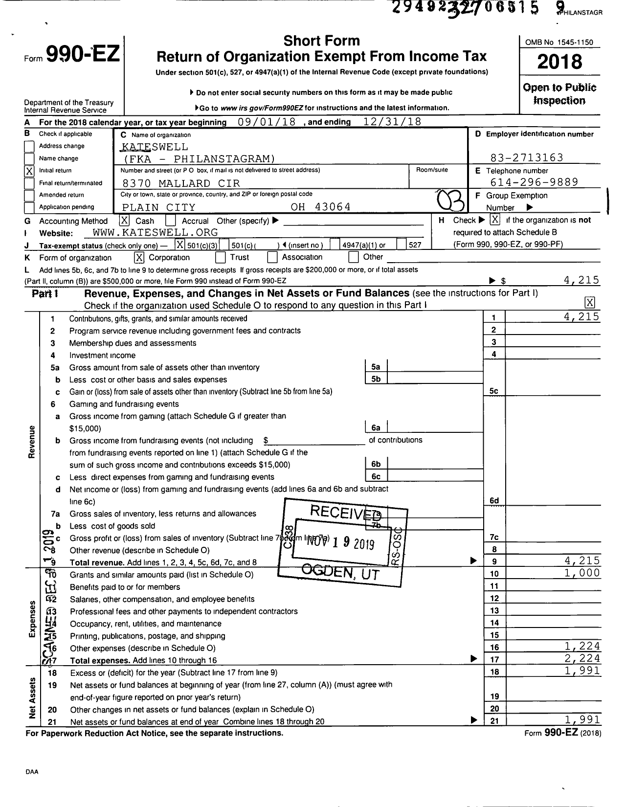 Image of first page of 2018 Form 990EZ for Kateswell