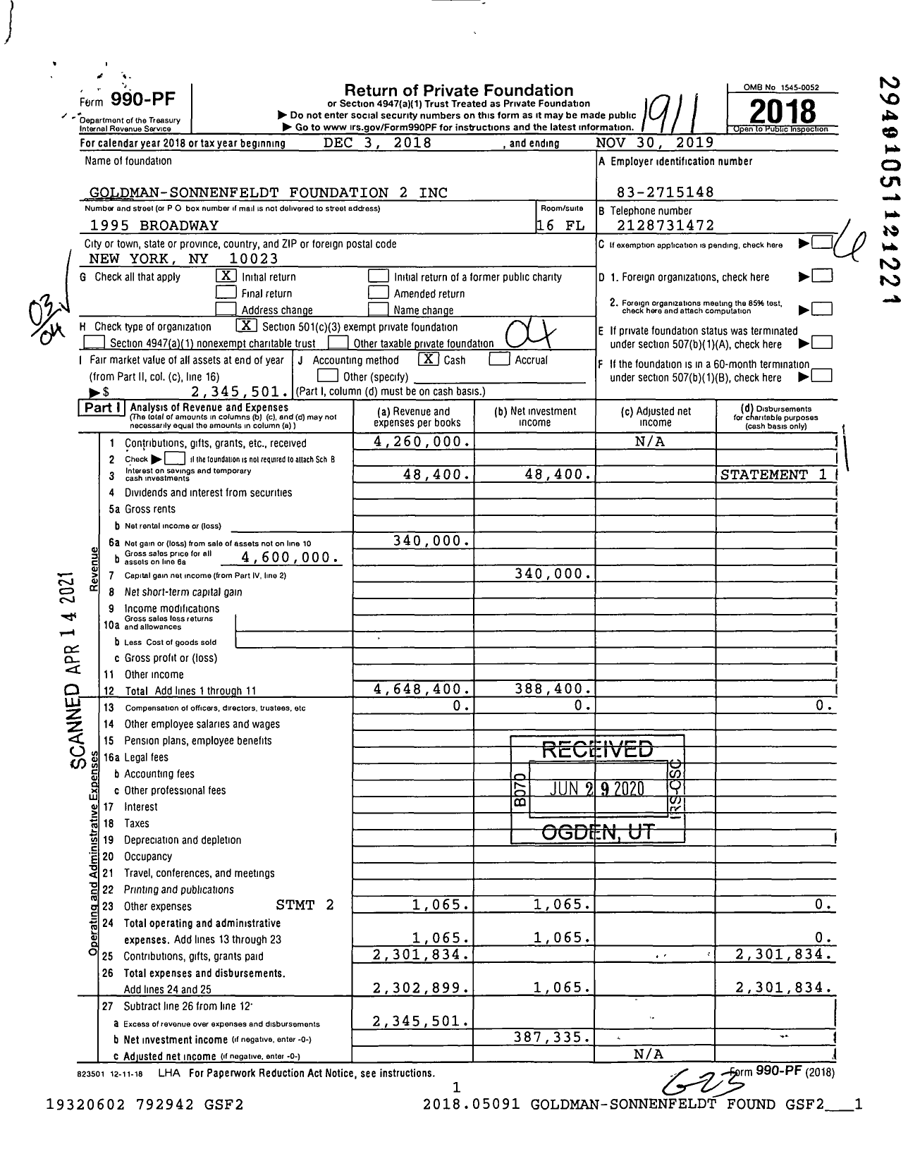 Image of first page of 2018 Form 990PF for Goldman-Sonnenfeldt Foundation 2