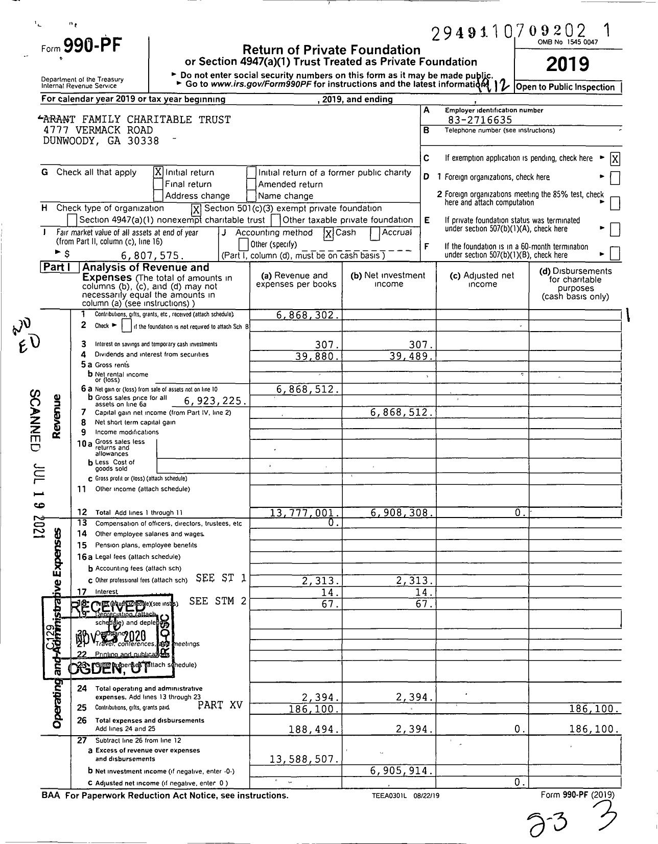 Image of first page of 2019 Form 990PF for Arant Family Charitable Trust