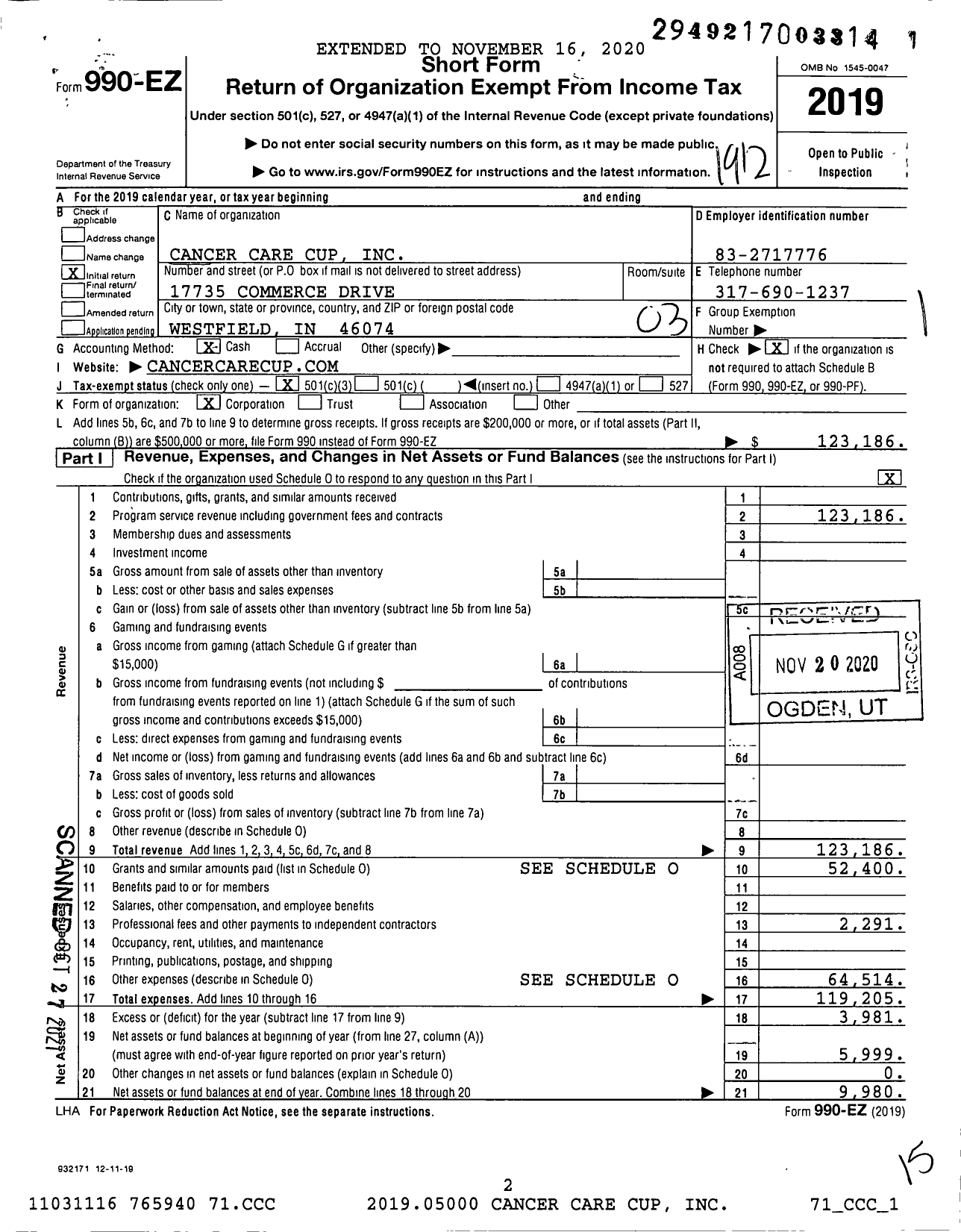 Image of first page of 2019 Form 990EZ for Cancer Care Cup