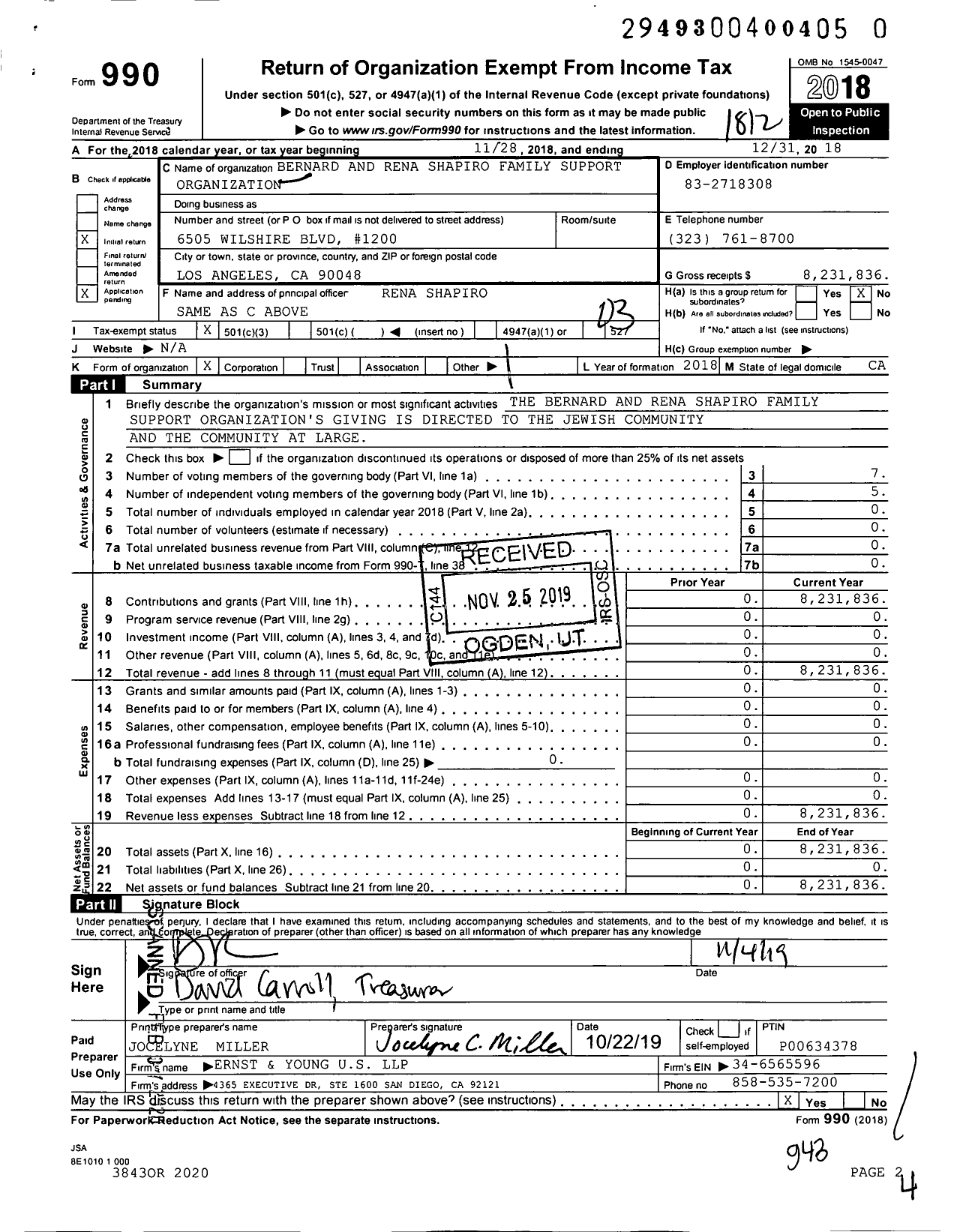 Image of first page of 2018 Form 990 for Bernard and Rena Shapiro Family Support Organization