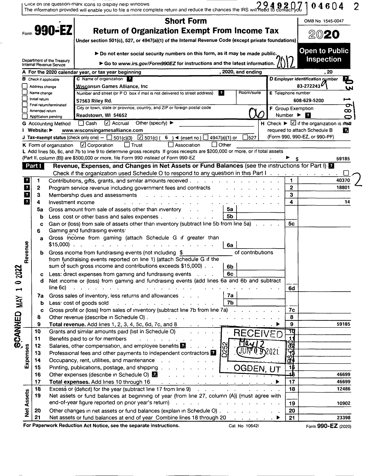 Image of first page of 2020 Form 990EO for Wisconsin Games Alliance