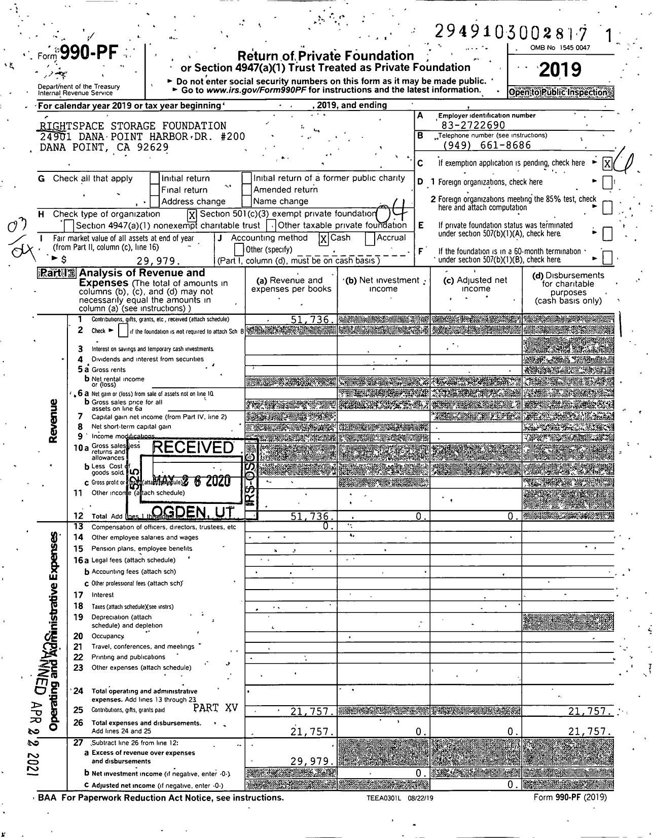 Image of first page of 2019 Form 990PF for RightSpace Storage Foundation