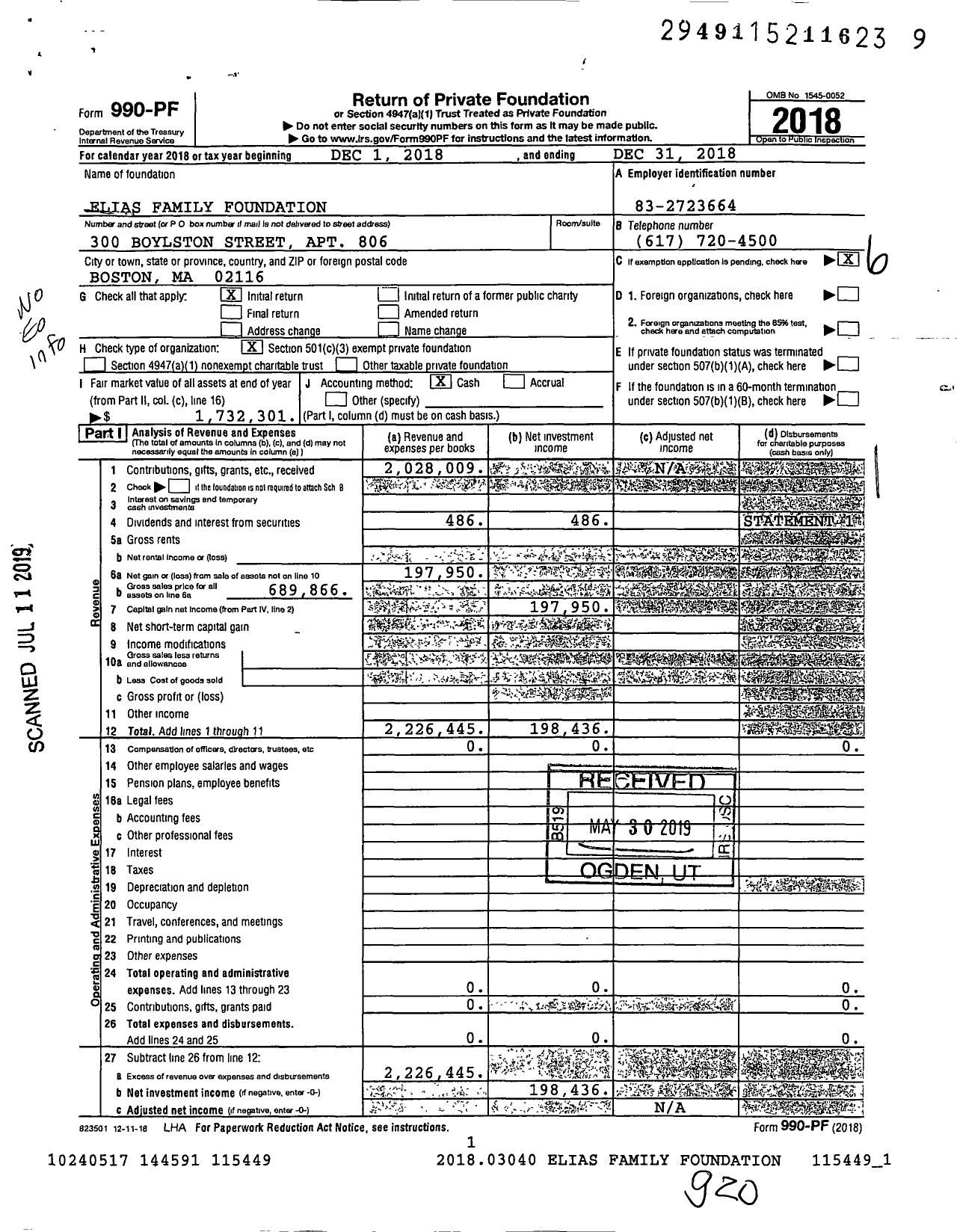 Image of first page of 2018 Form 990PF for Elias Family Foundation