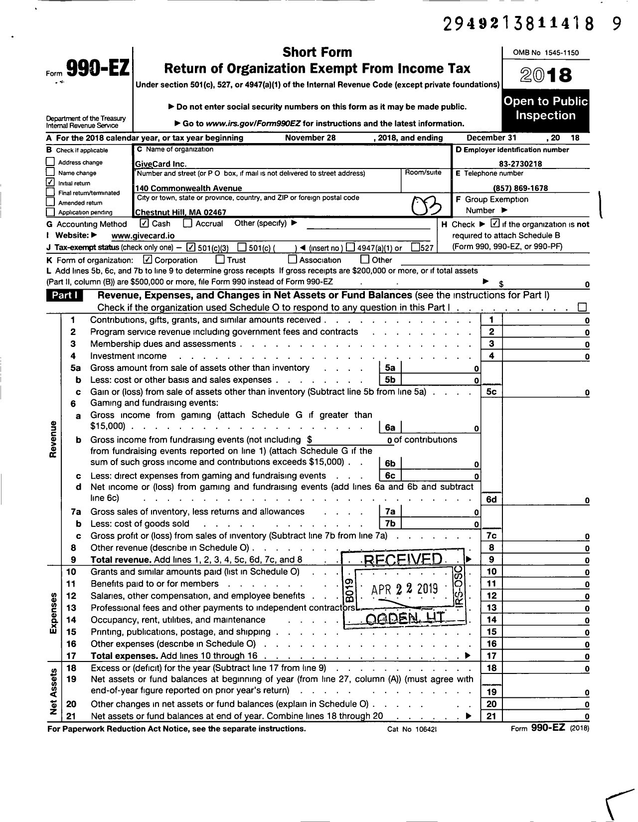 Image of first page of 2018 Form 990EZ for Givecard
