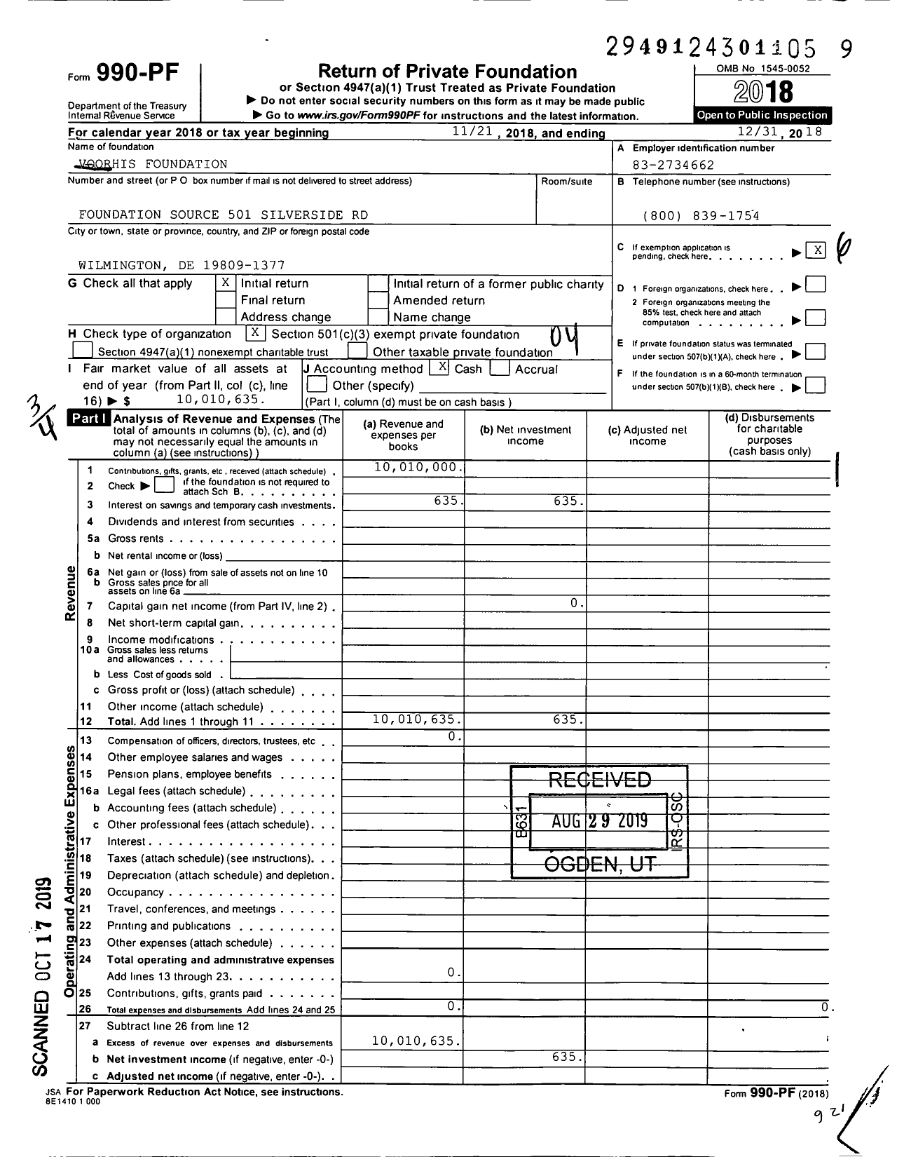 Image of first page of 2018 Form 990PF for Voorhis Foundation