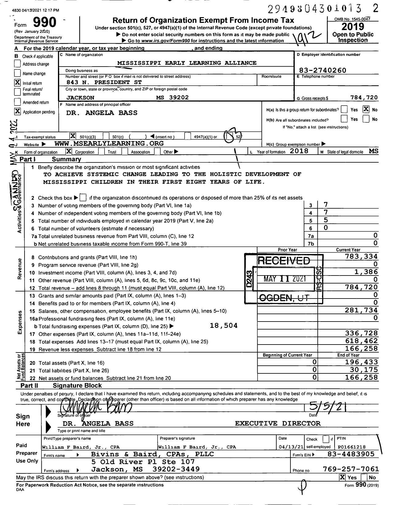 Image of first page of 2019 Form 990 for Mississippi Early Learning Alliance