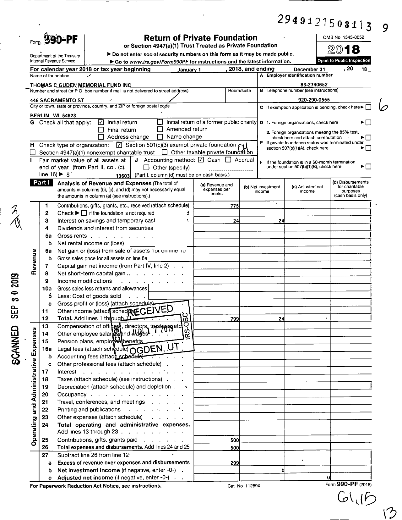 Image of first page of 2018 Form 990PF for Thomas C Guden Memorial Fund