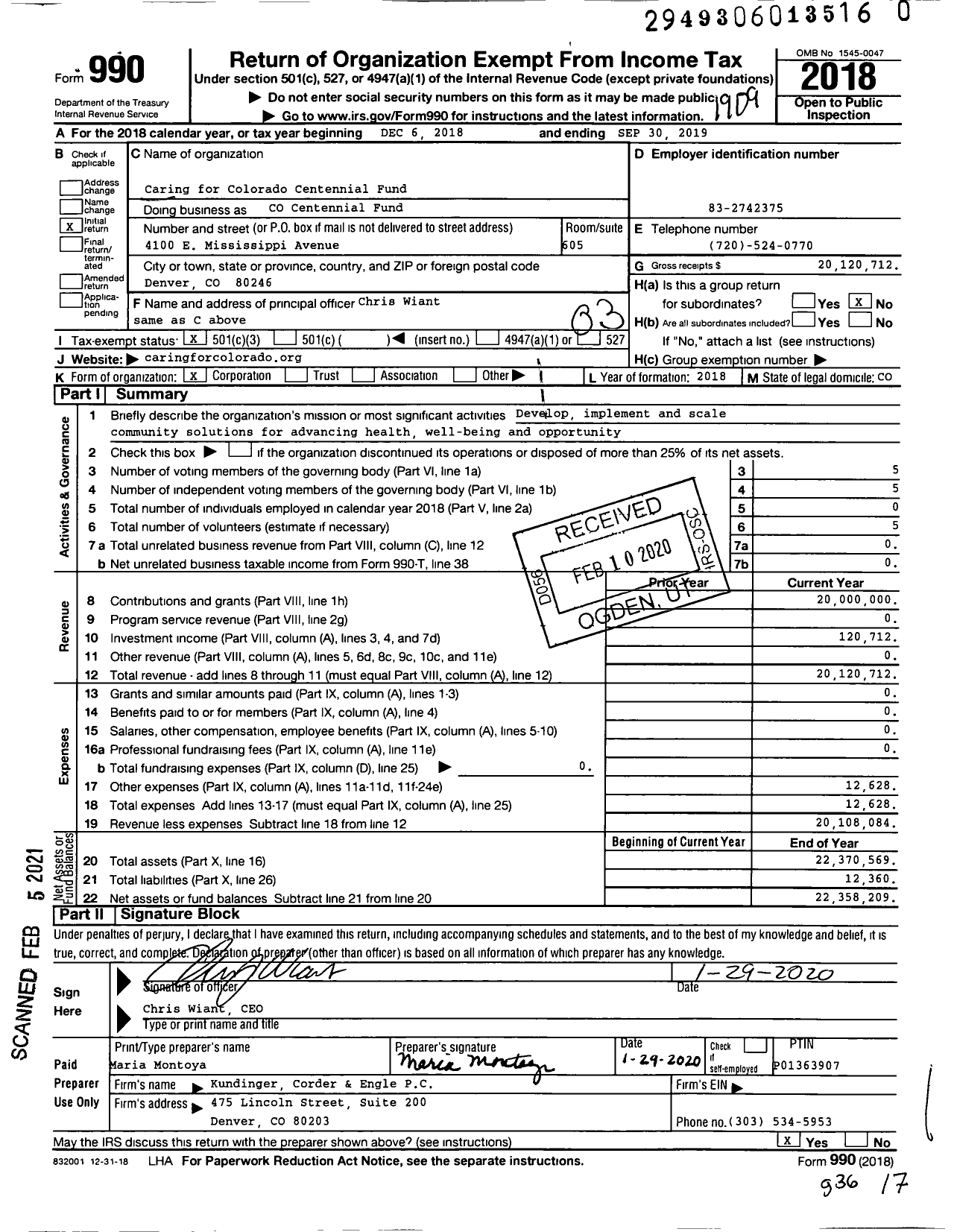 Image of first page of 2018 Form 990 for Caring for Colorado Centennial Fund