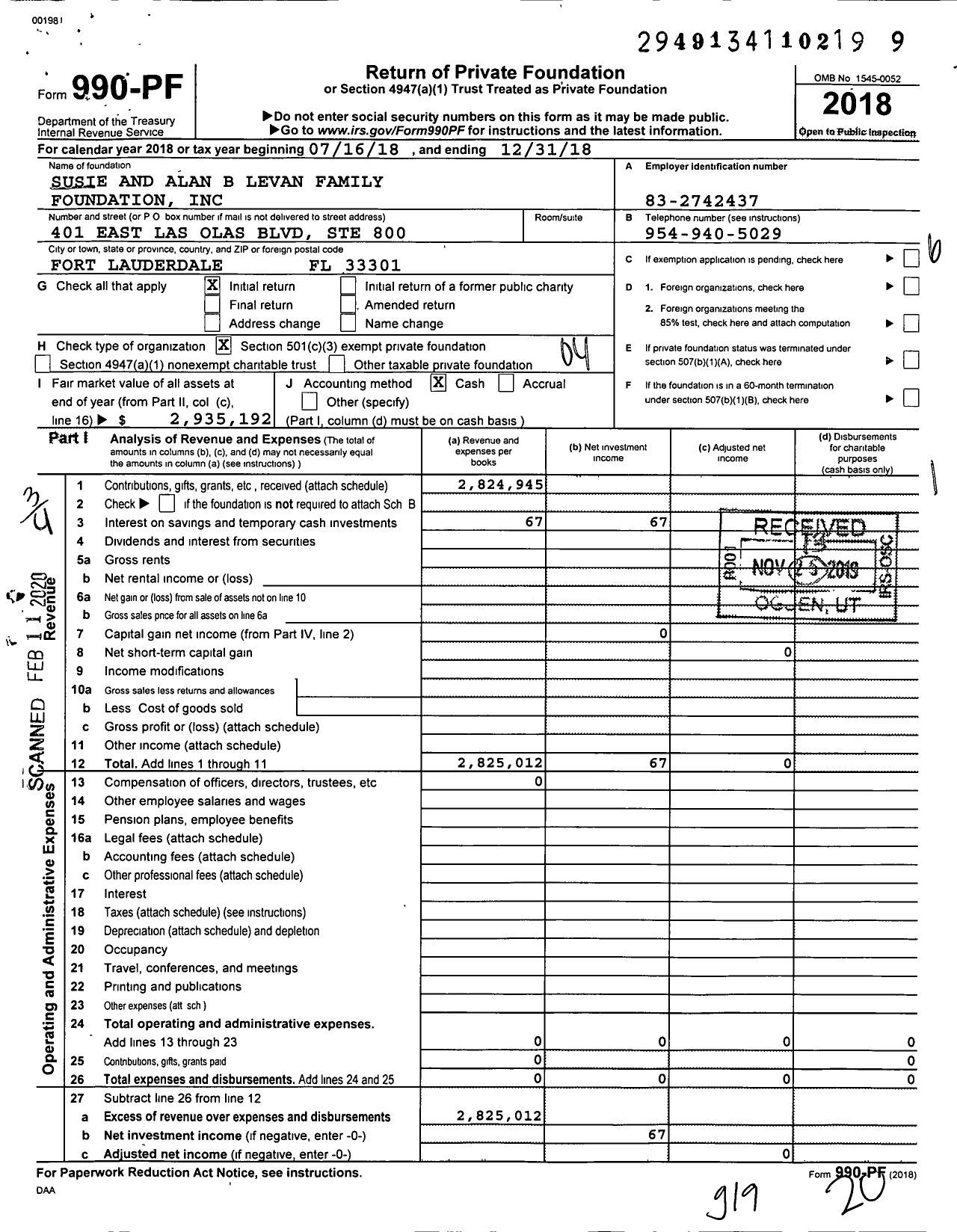 Image of first page of 2018 Form 990PF for Susie and Alan B Levan Family Foundation