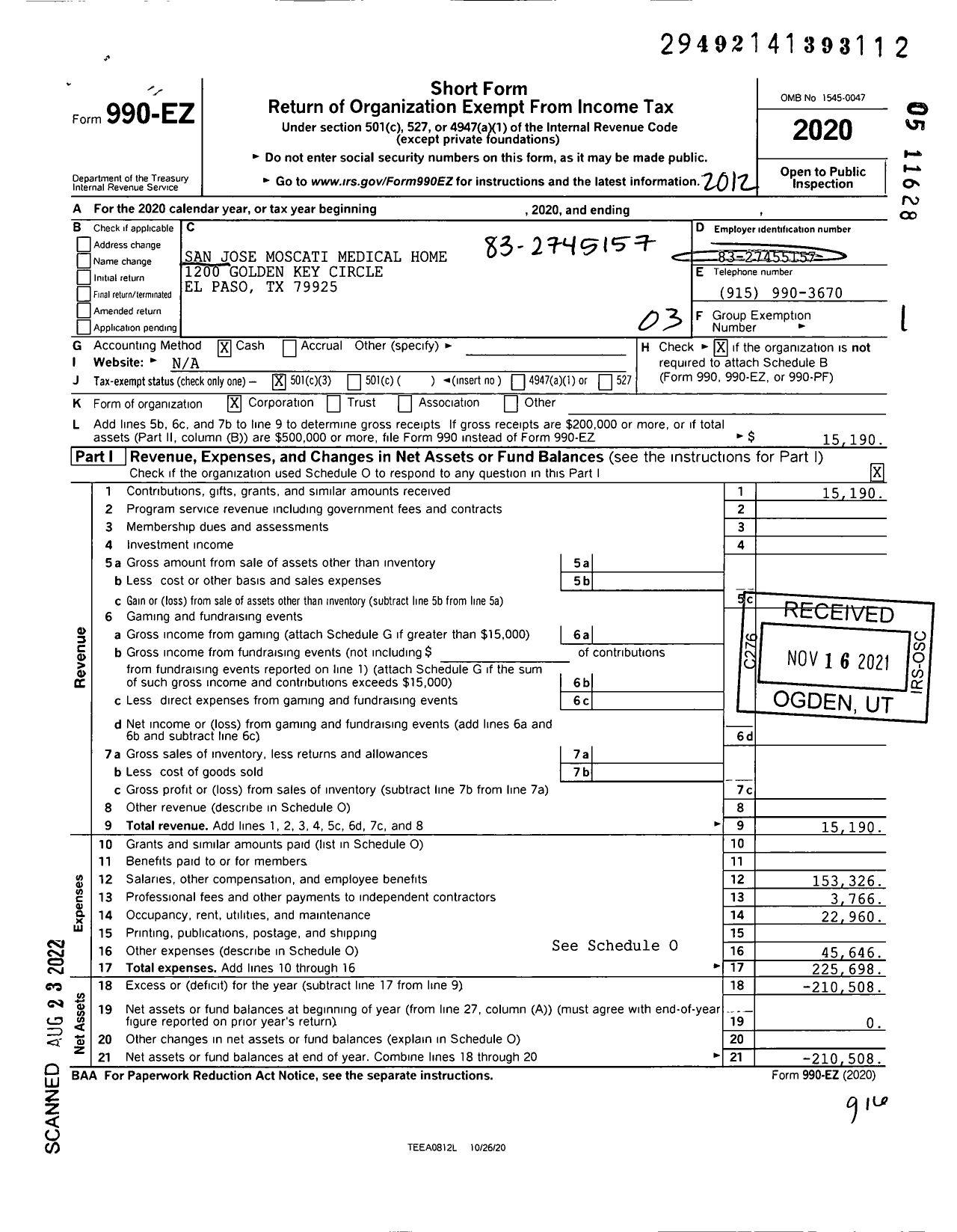 Image of first page of 2020 Form 990EZ for San Jose Moscati Medical Home