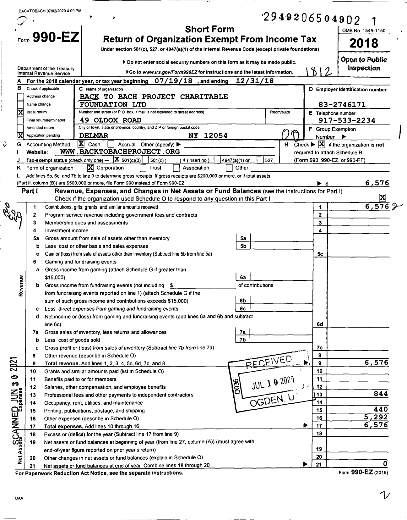 Image of first page of 2018 Form 990EO for Back To Bach Project Charitable Foundation