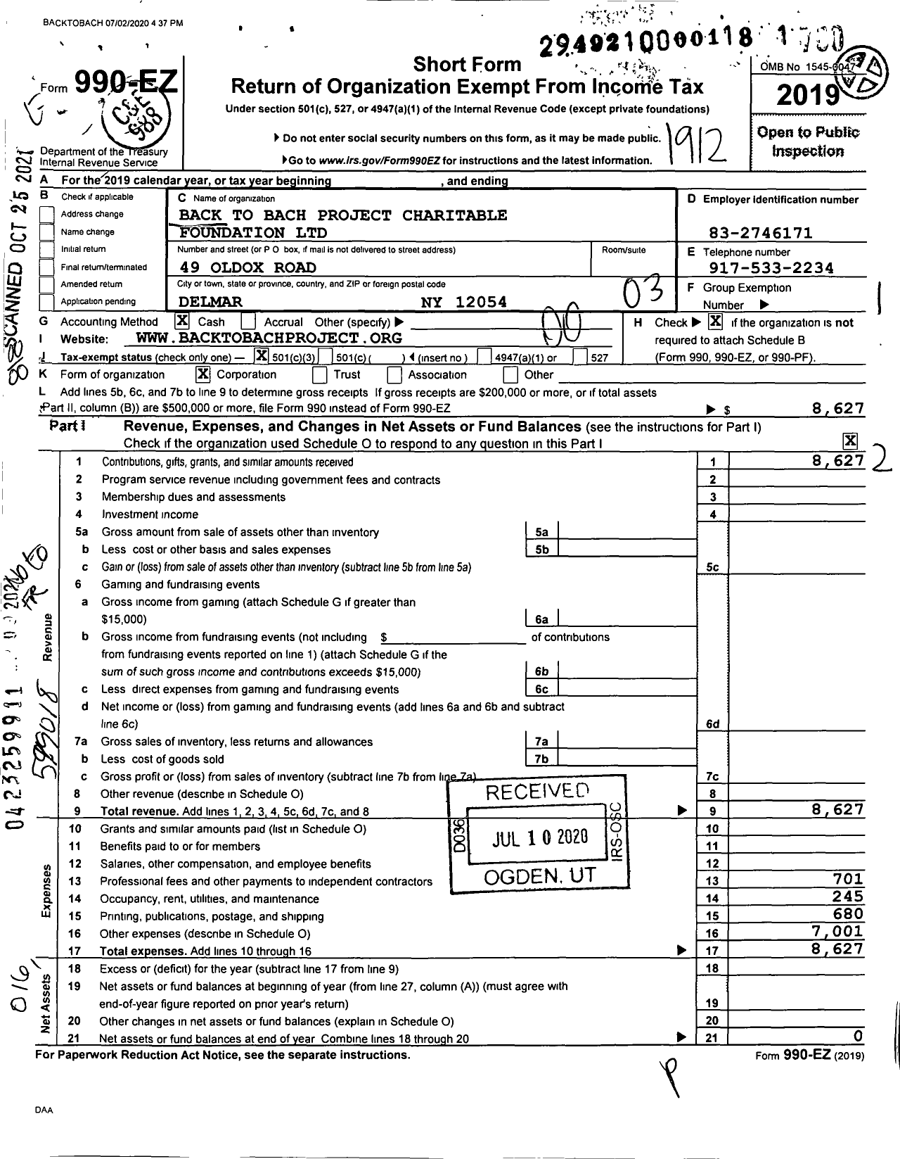 Image of first page of 2019 Form 990EO for Back To Bach Project Charitable Foundation